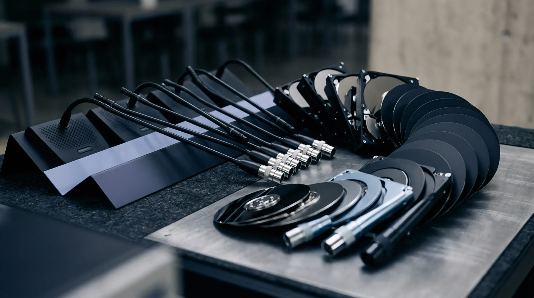 Disassembled computer hard drives and gooseneck microphone components are organized on a metal workbench in an electronics factory testing lab.
