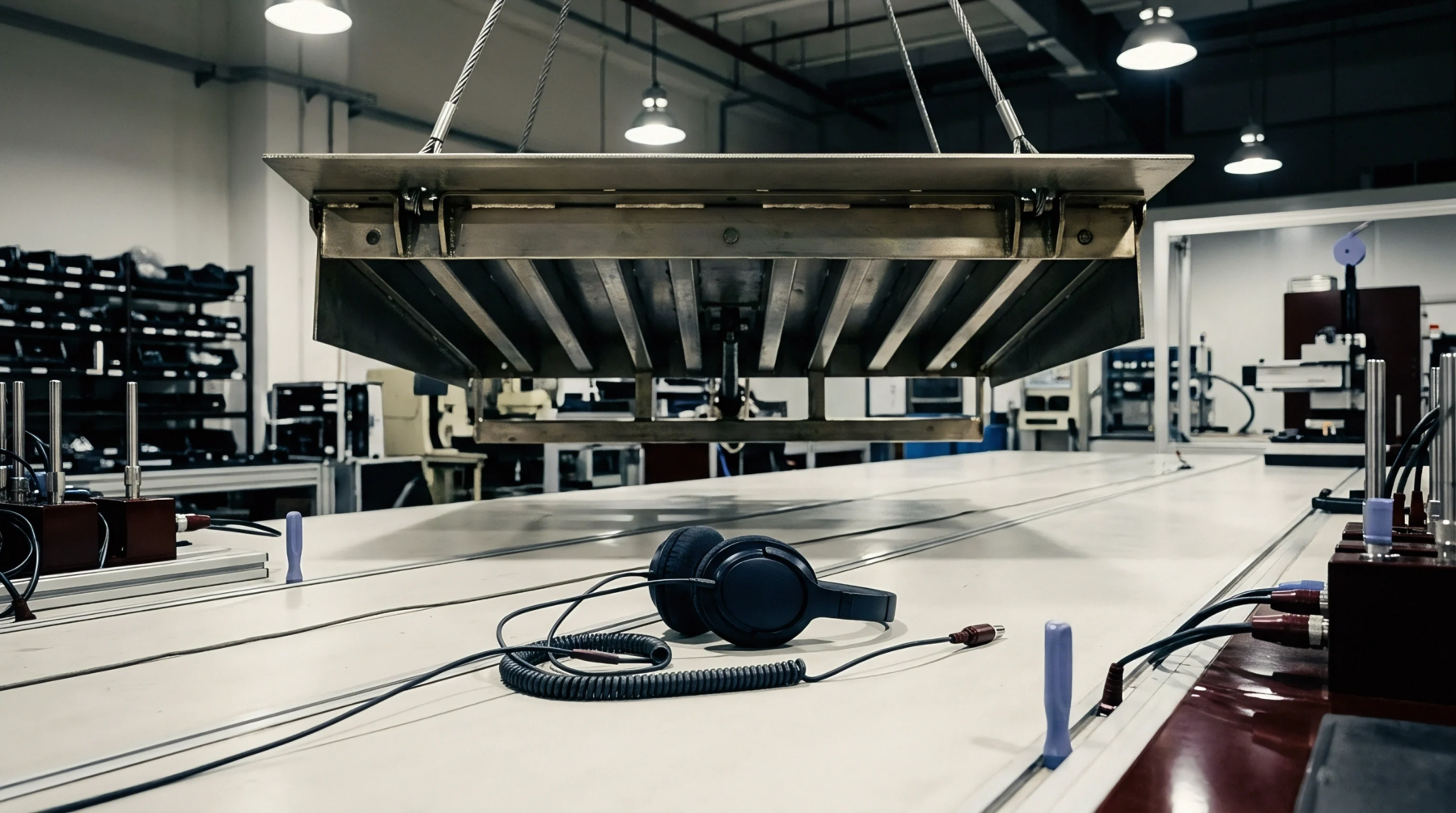 A heavy steel suspension fixture hangs above a workbench holding audio headphones and testing equipment inside a manufacturing plant.