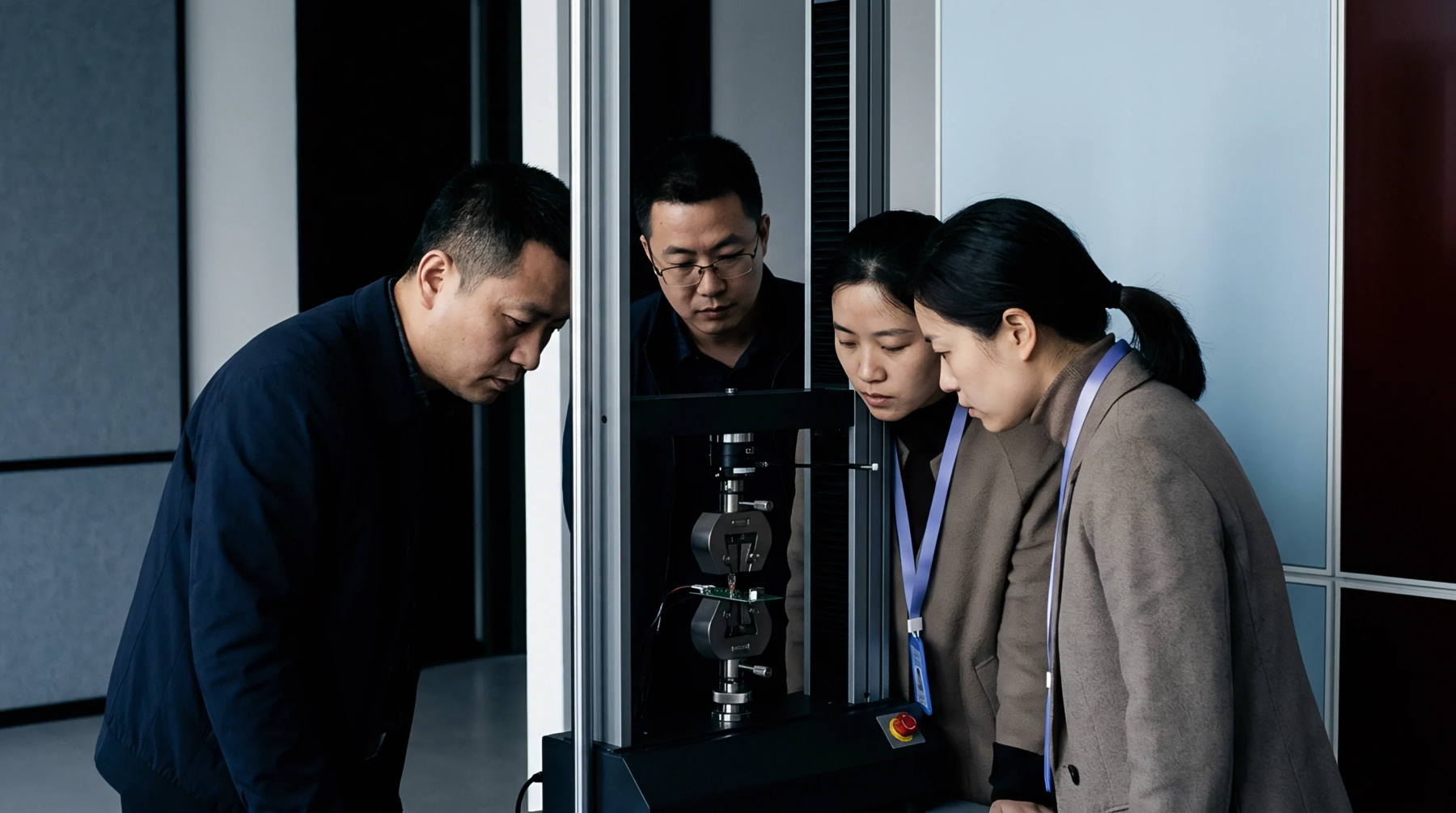 Four manufacturing technicians observe a small electronic circuit board undergoing mechanical load testing inside a vertical tensile machine.