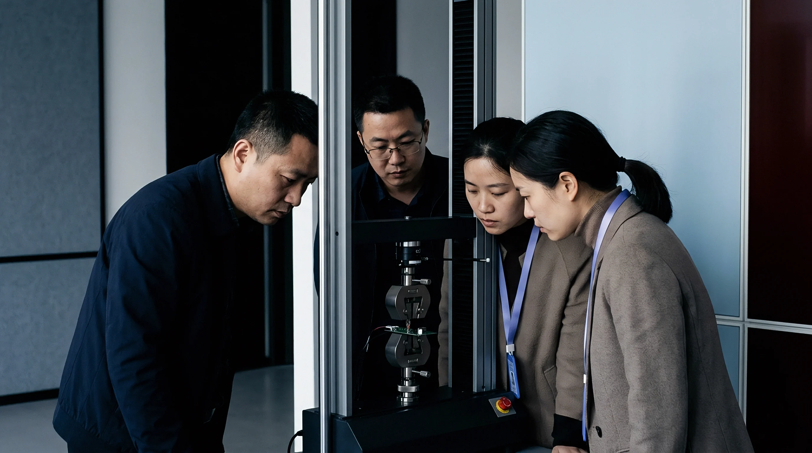 Four manufacturing technicians observe a small electronic circuit board undergoing mechanical load testing inside a vertical tensile machine.