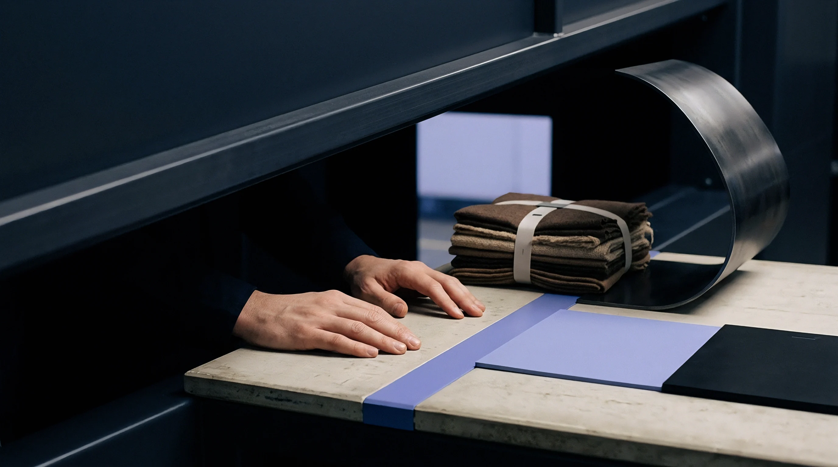 Hands rest on a concrete inspection desk beside bound textile swatches and material samples inside a manufacturing facility.