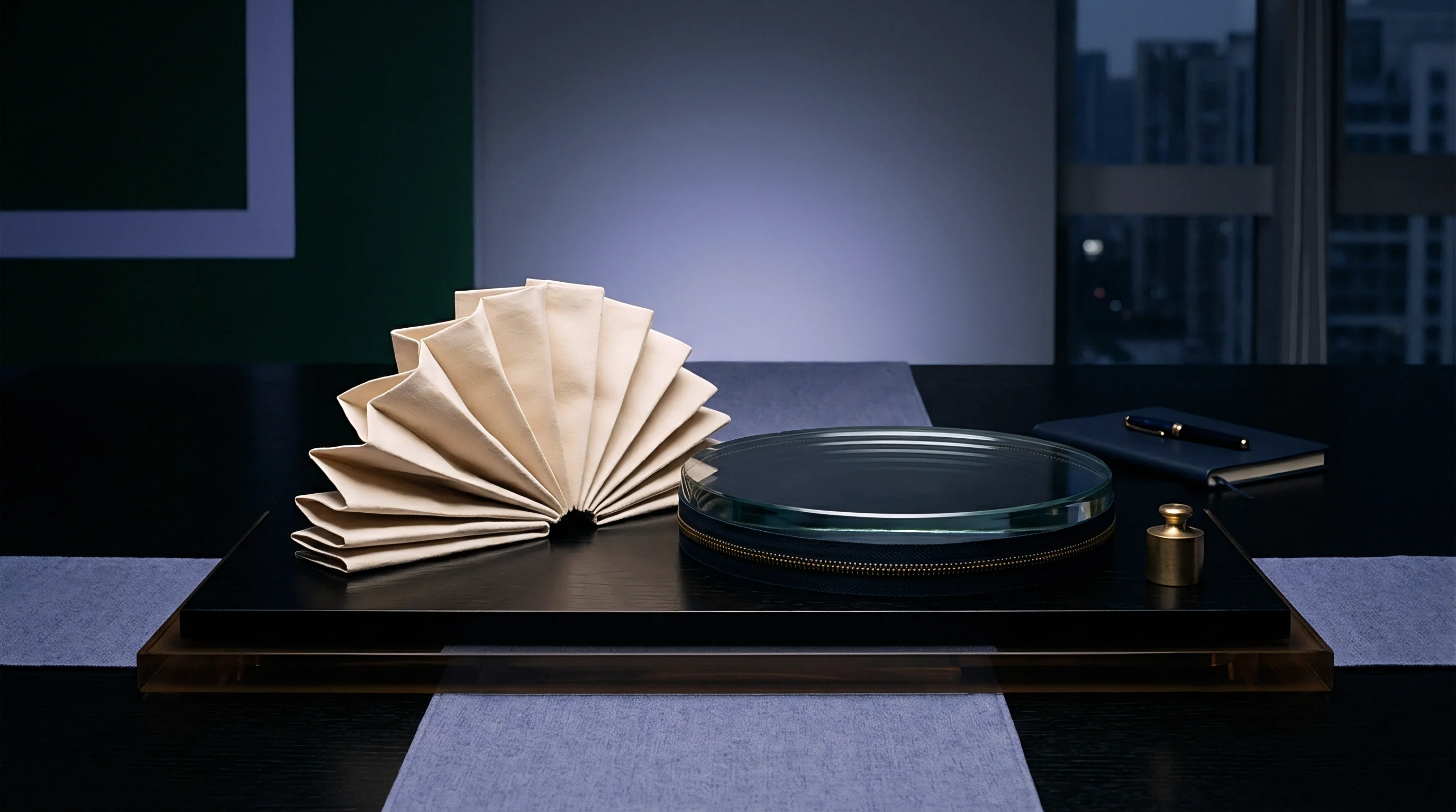 Folded textile fabric sample and circular glass assembly rest on a dark executive conference table inside a corporate boardroom.