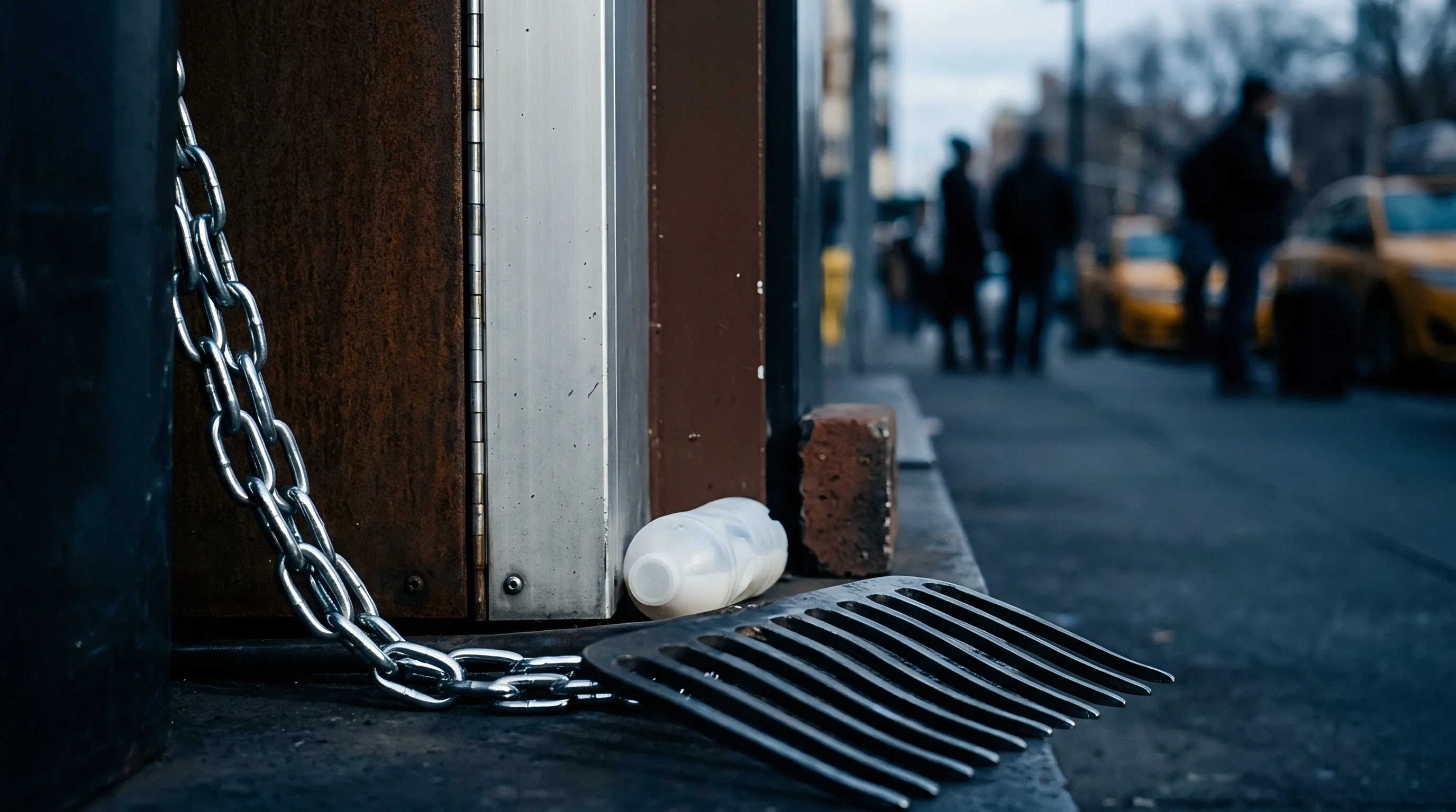 Heavy steel chain and industrial hardware secure a perimeter threshold near discarded plastic packaging on an urban logistics corridor.