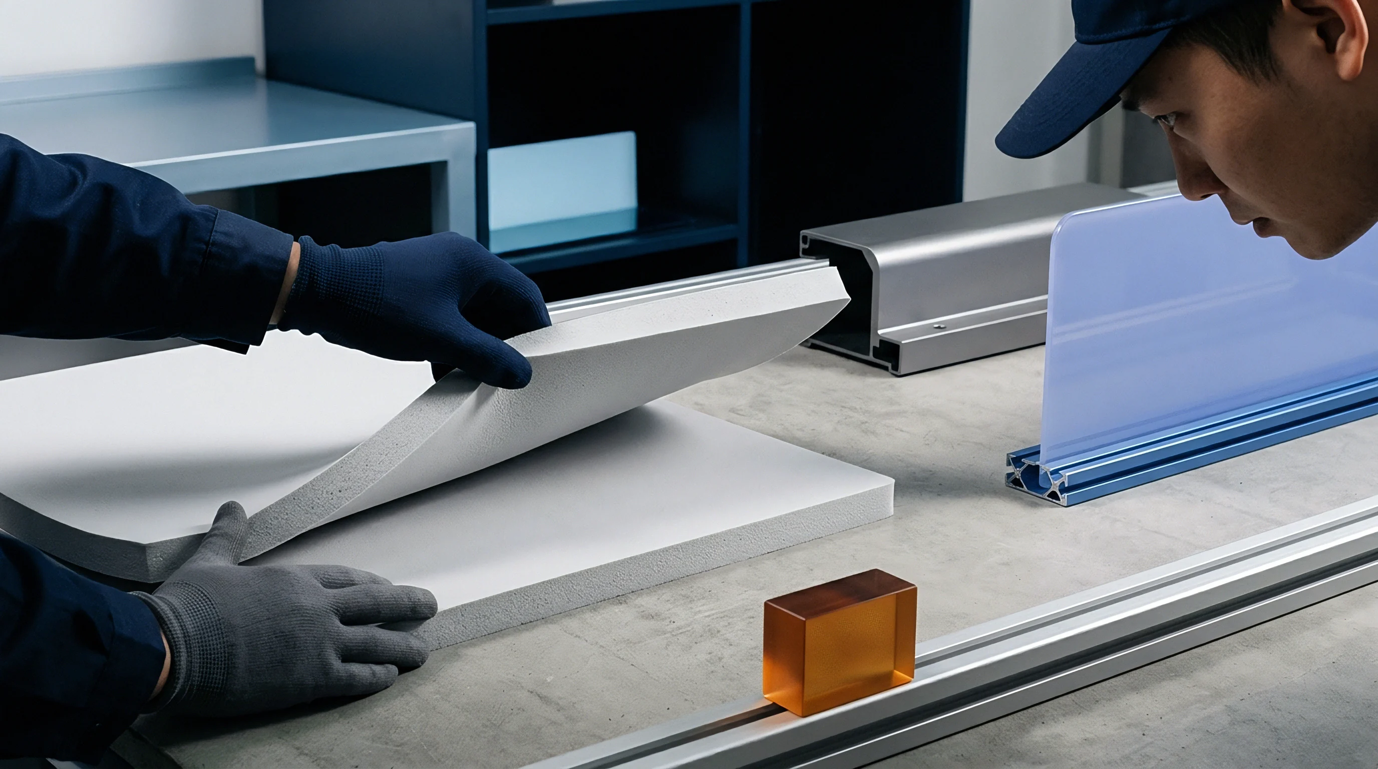 Factory technicians evaluate sheet materials and extruded metal profiles at a clean workshop assembly station during daily operations.