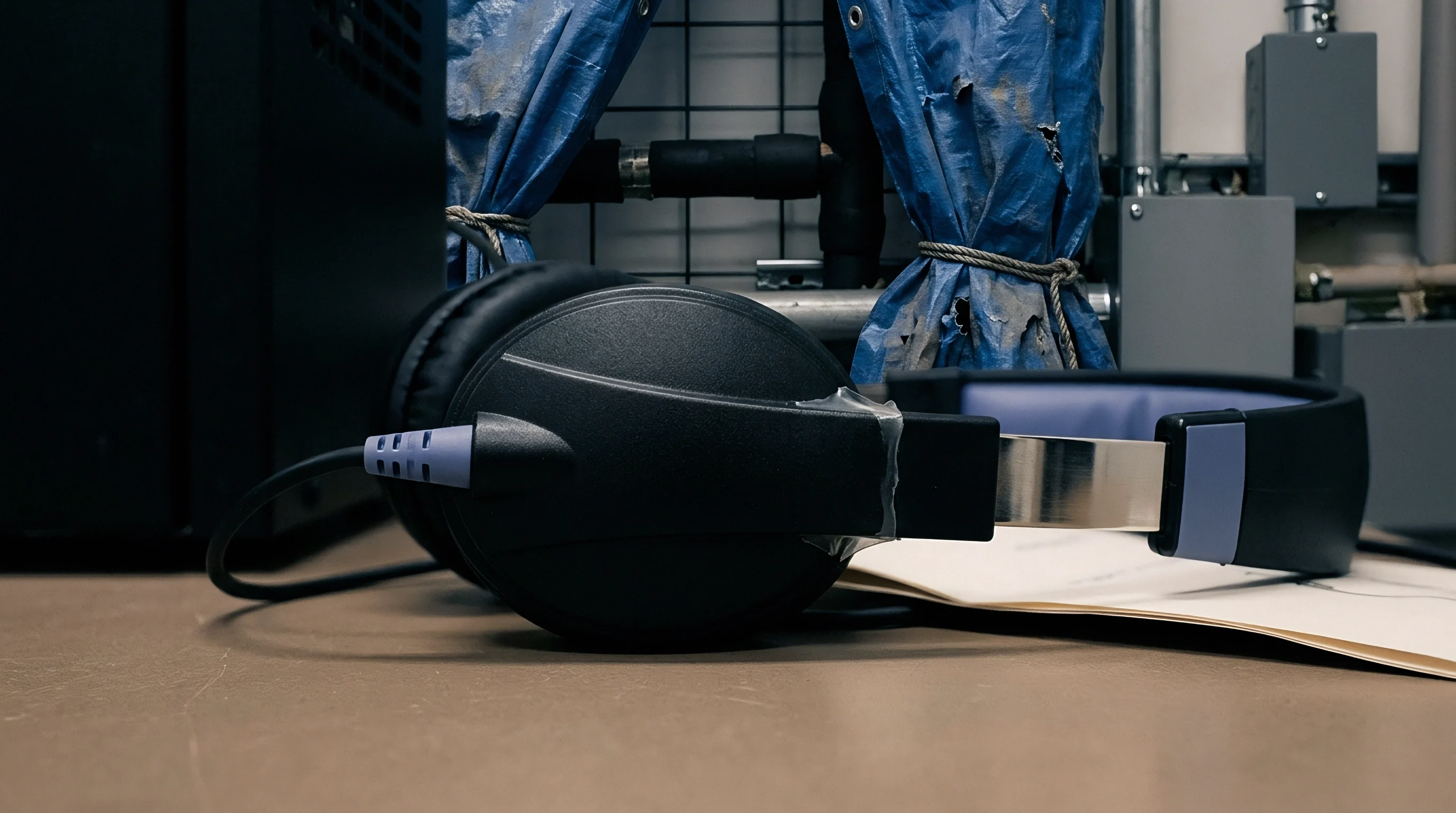 Black over-ear headphones rest on papers next to industrial equipment and blue protective coverings in a factory setting.
