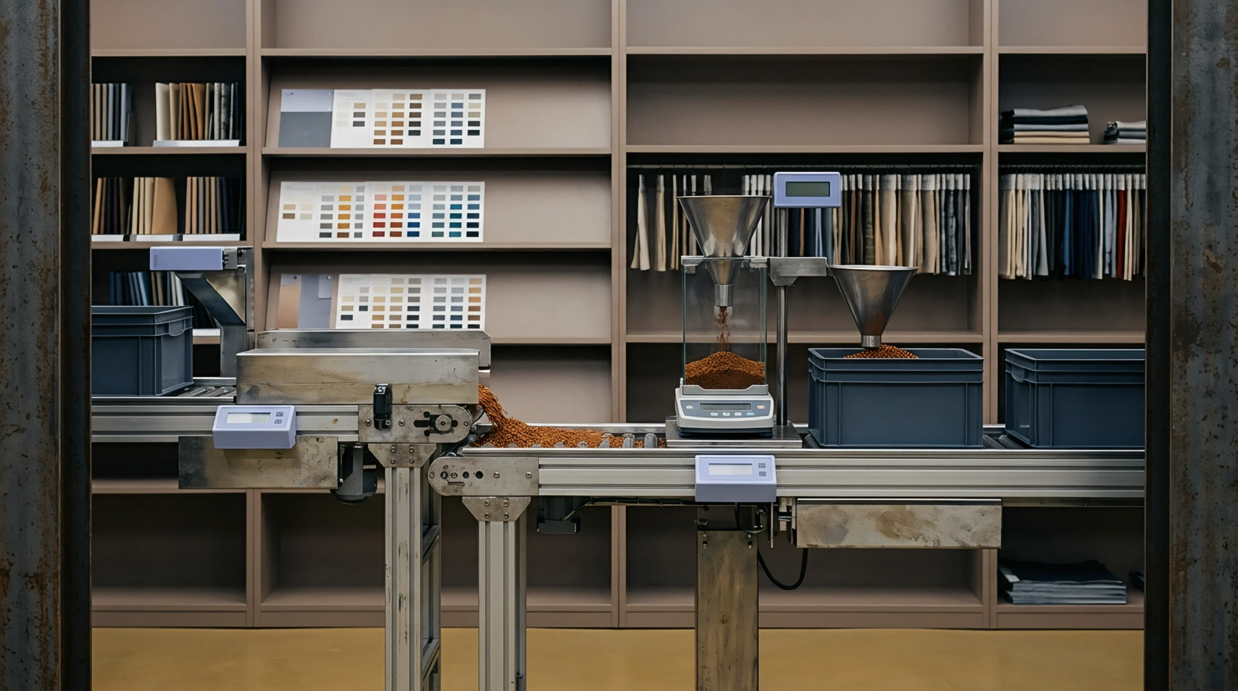 An automated granular product handling system operates on a conveyor belt next to industrial shelving displaying material samples and fabric swatches.