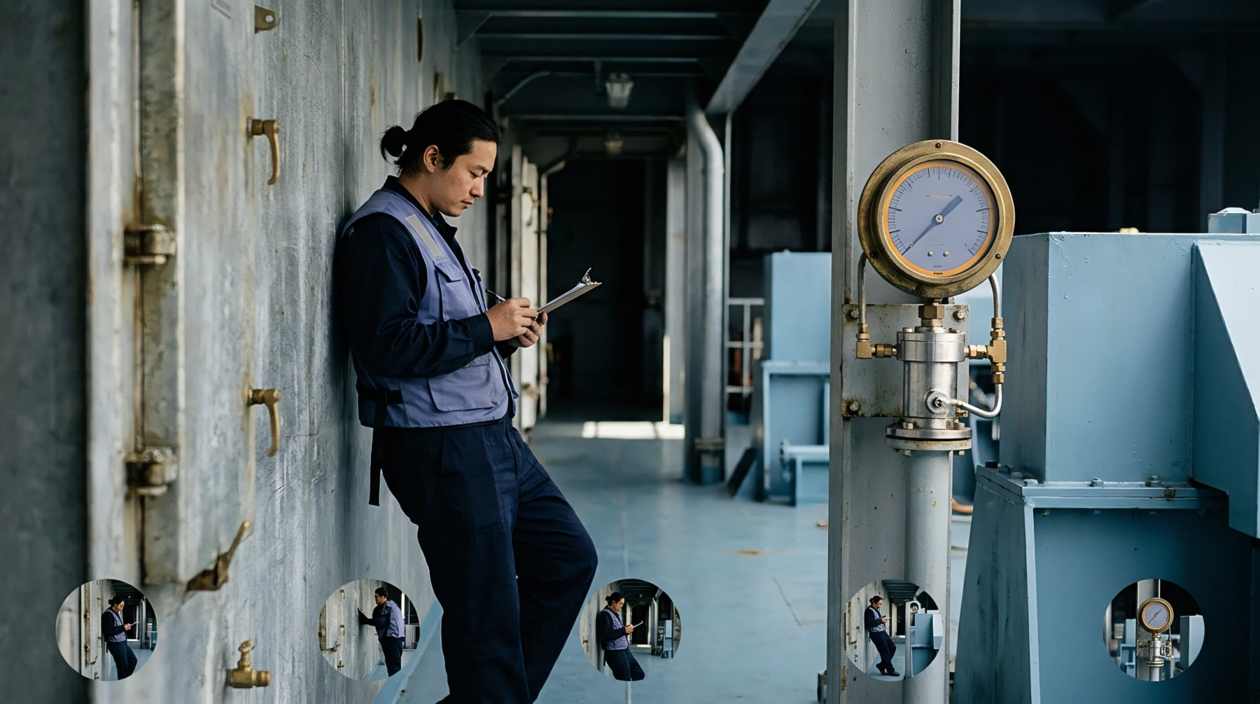 An industrial auditor leans against a weathered concrete bulkhead while recording compliance data on a clipboard inside a heavy manufacturing facility.