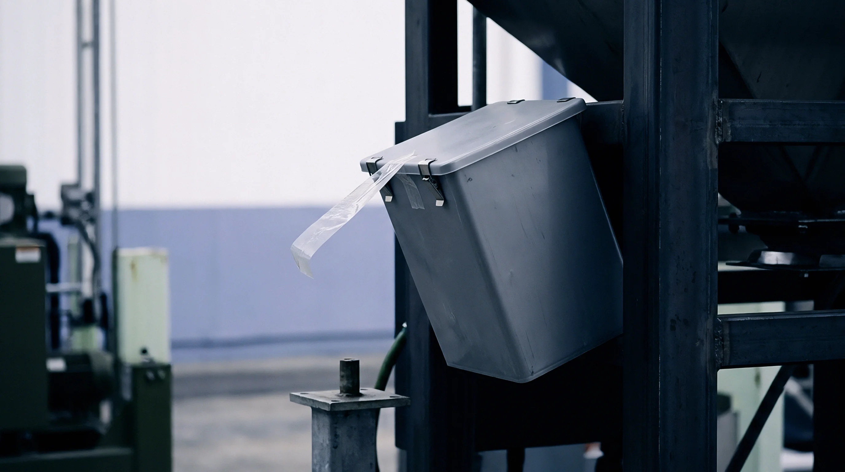 A grey plastic industrial bin with a clear tape hangs from its lid, affixed to a dark metal support structure in a factory setting.