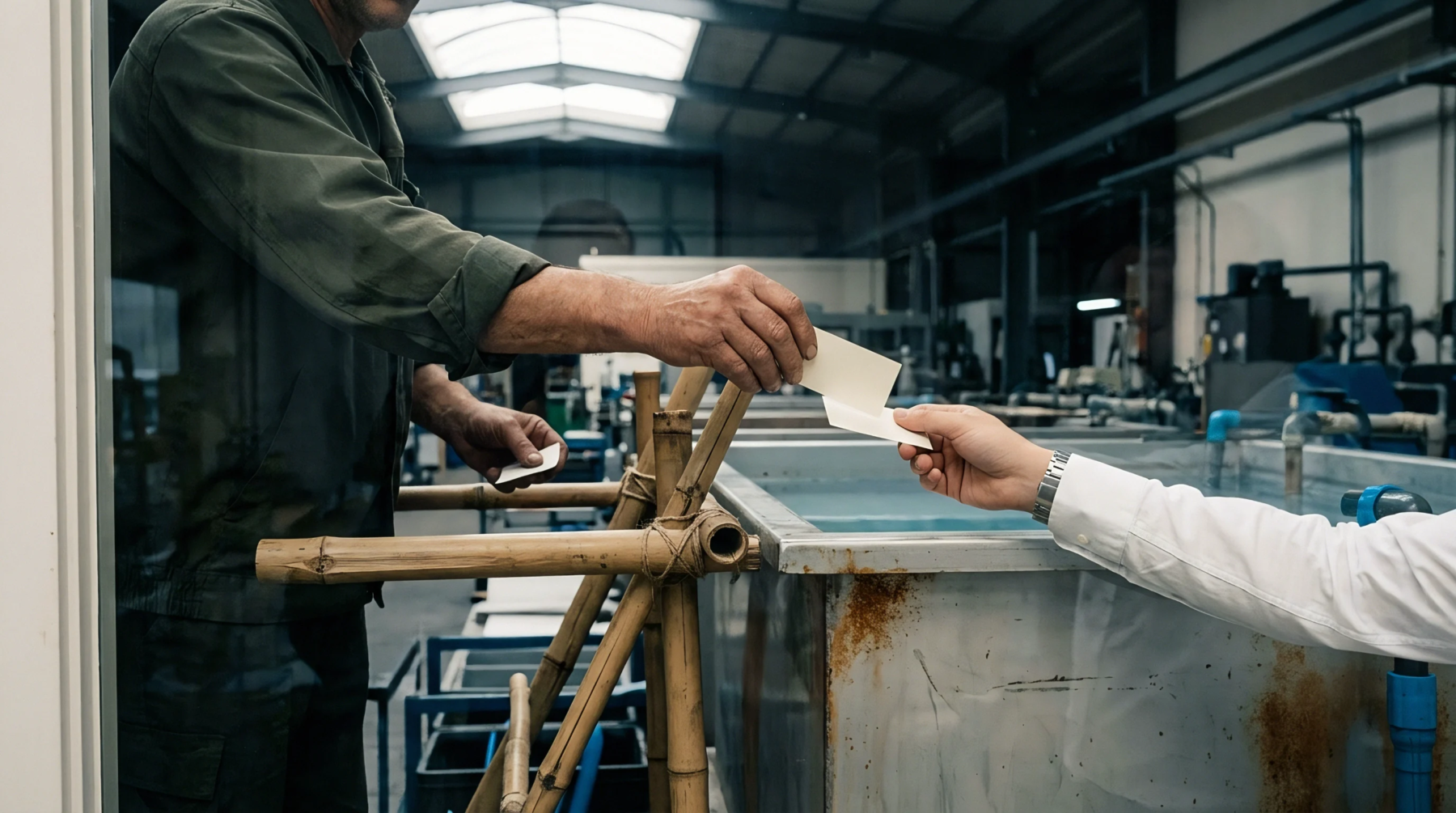 Two technicians exchange material samples across a bamboo scaffolding partition inside an industrial metal finishing facility.