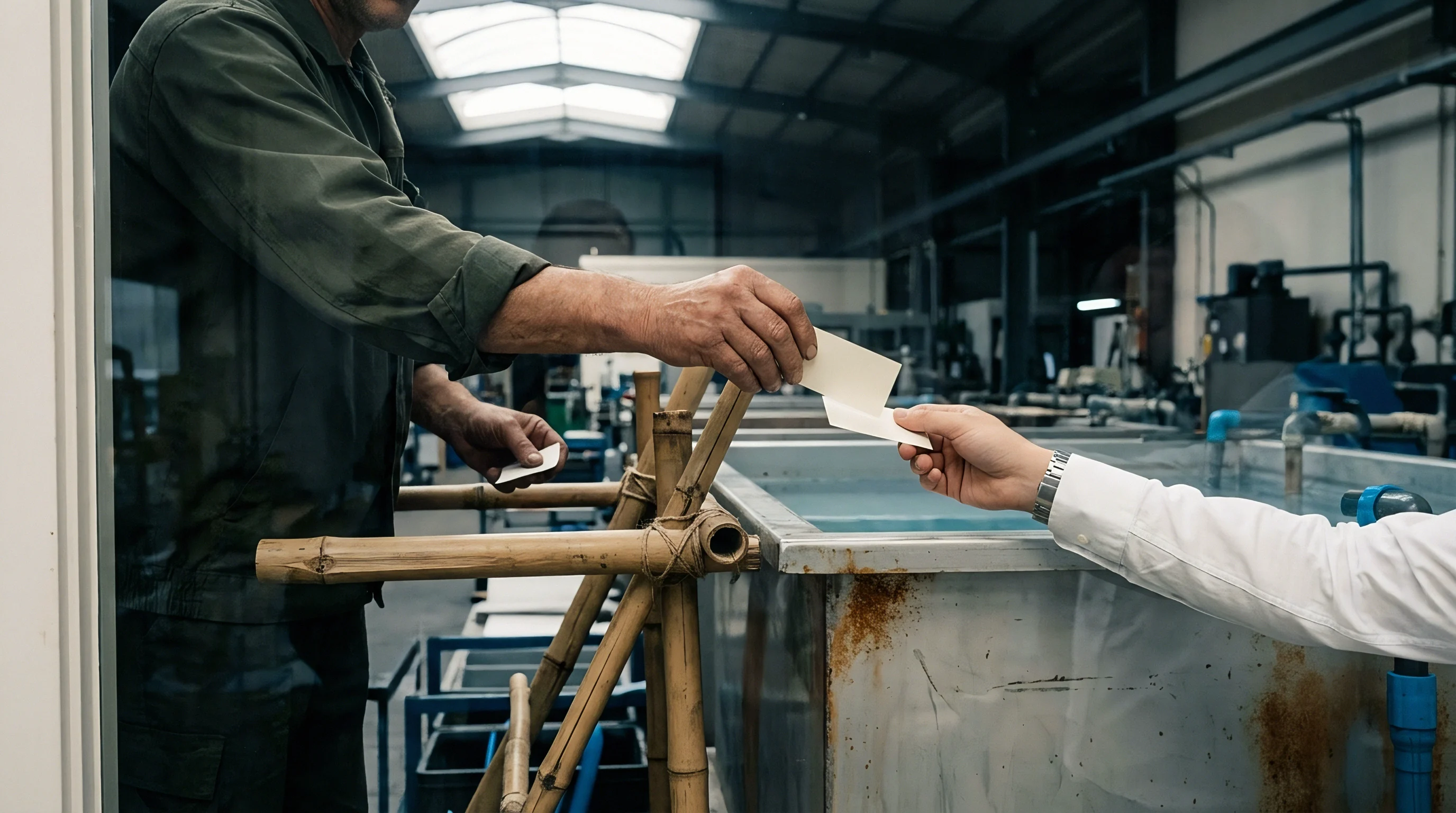 Two technicians exchange material samples across a bamboo scaffolding partition inside an industrial metal finishing facility.