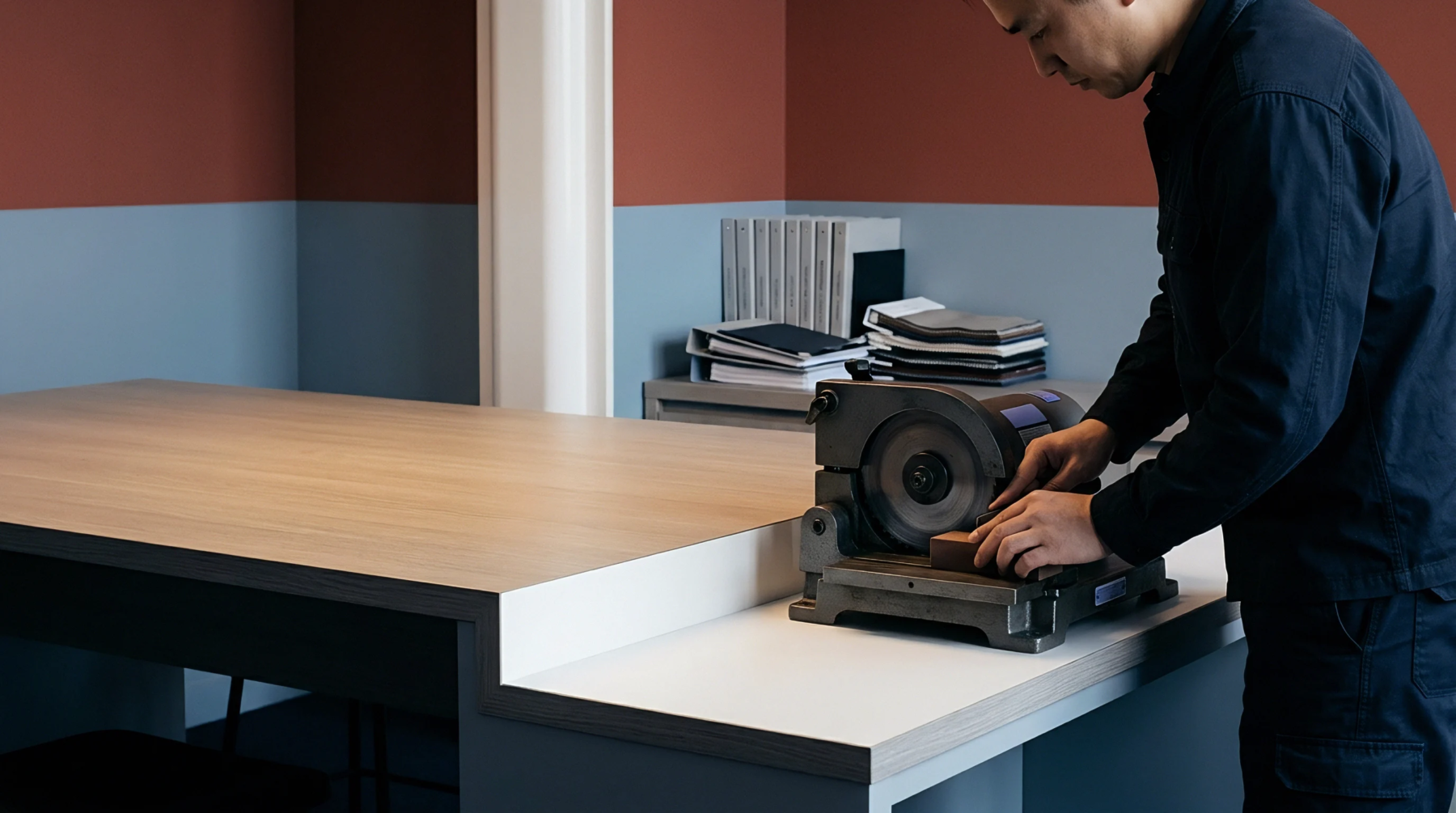 Factory operator in blue workwear operates a bench mounted circular saw on a composite wood workstation inside a production facility.