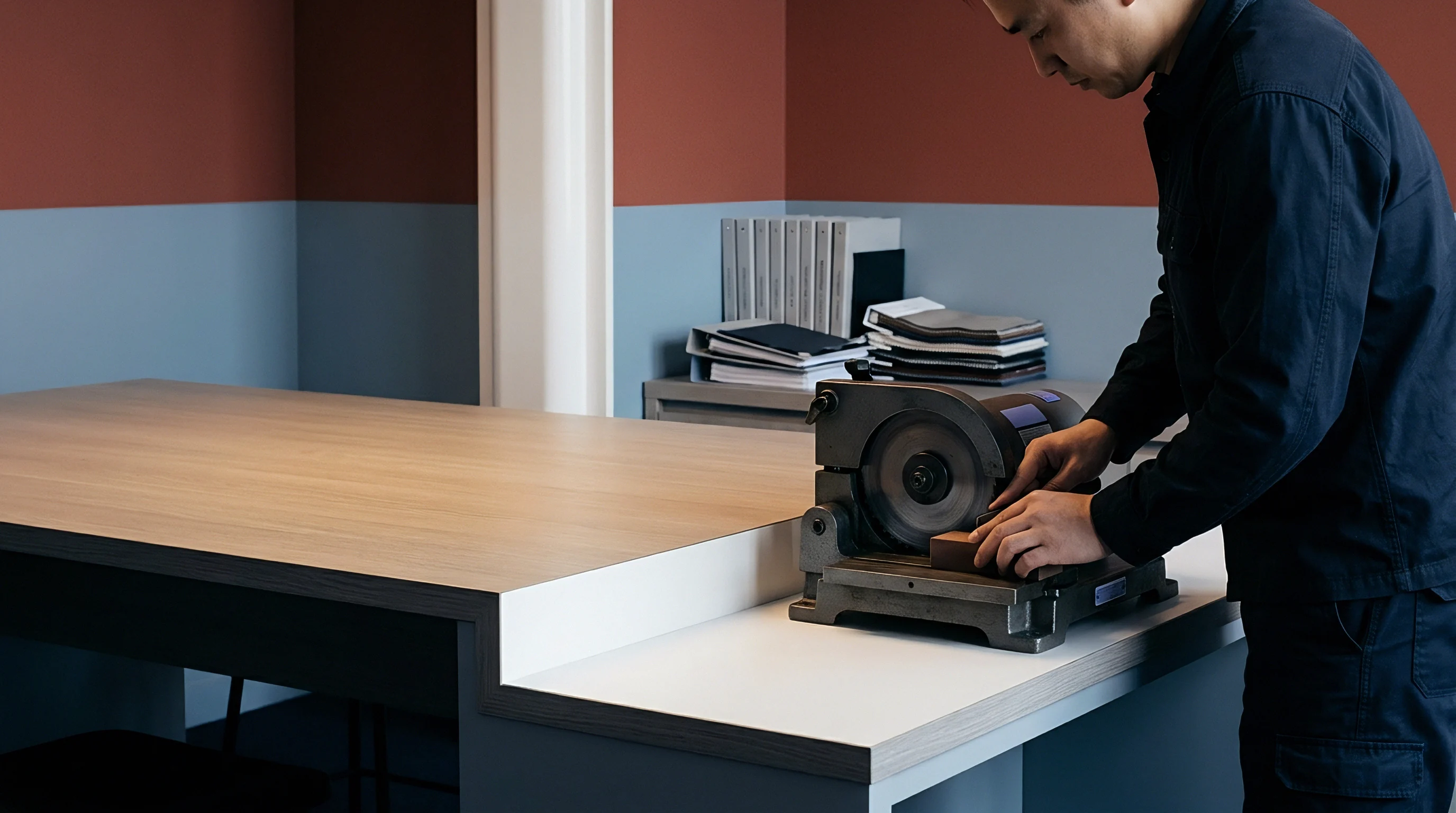 Factory operator in blue workwear operates a bench mounted circular saw on a composite wood workstation inside a production facility.