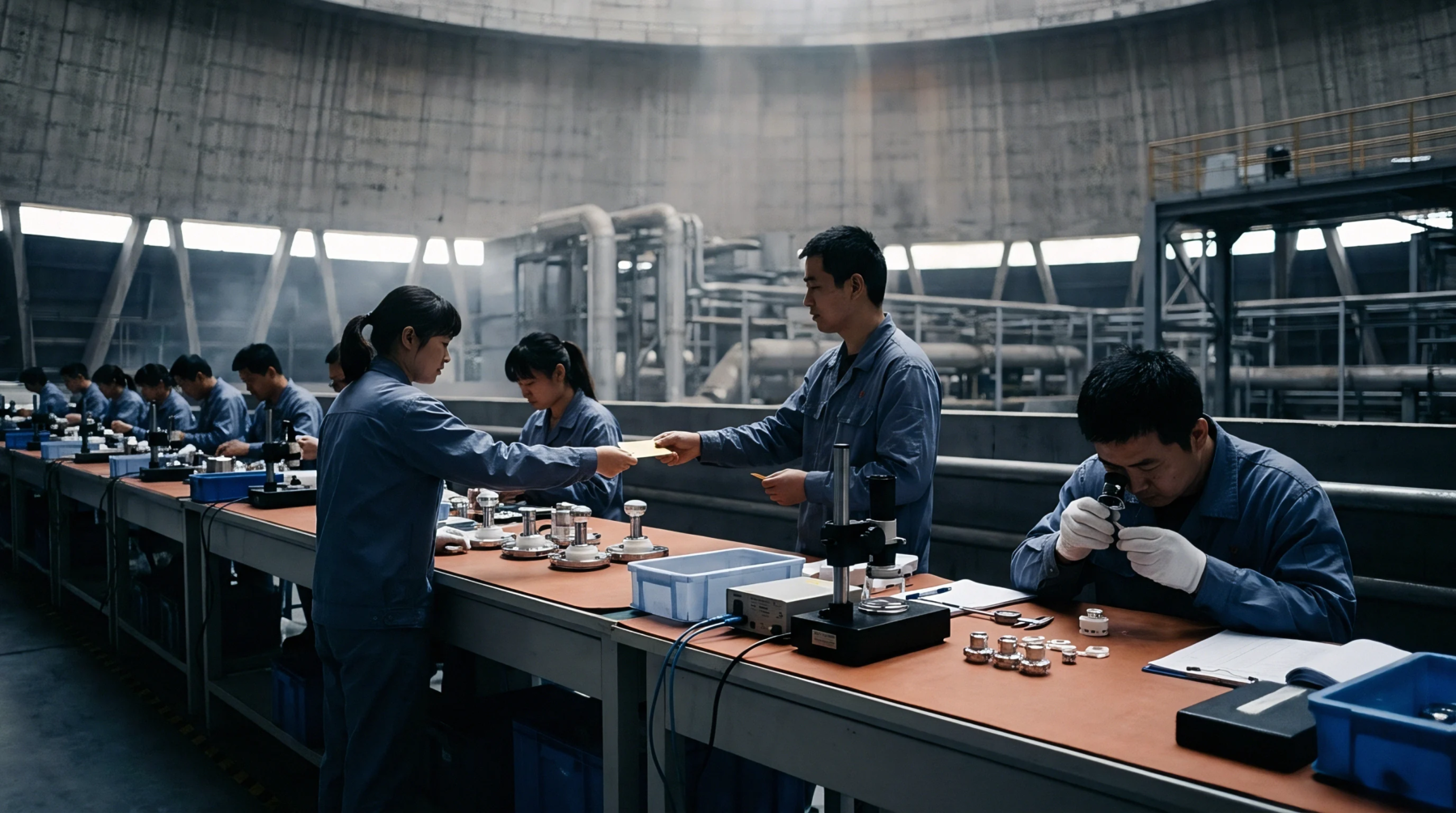 Factory technicians in blue workwear uniforms conduct quality inspection and compliance verification along a long industrial assembly table under a concrete dome.