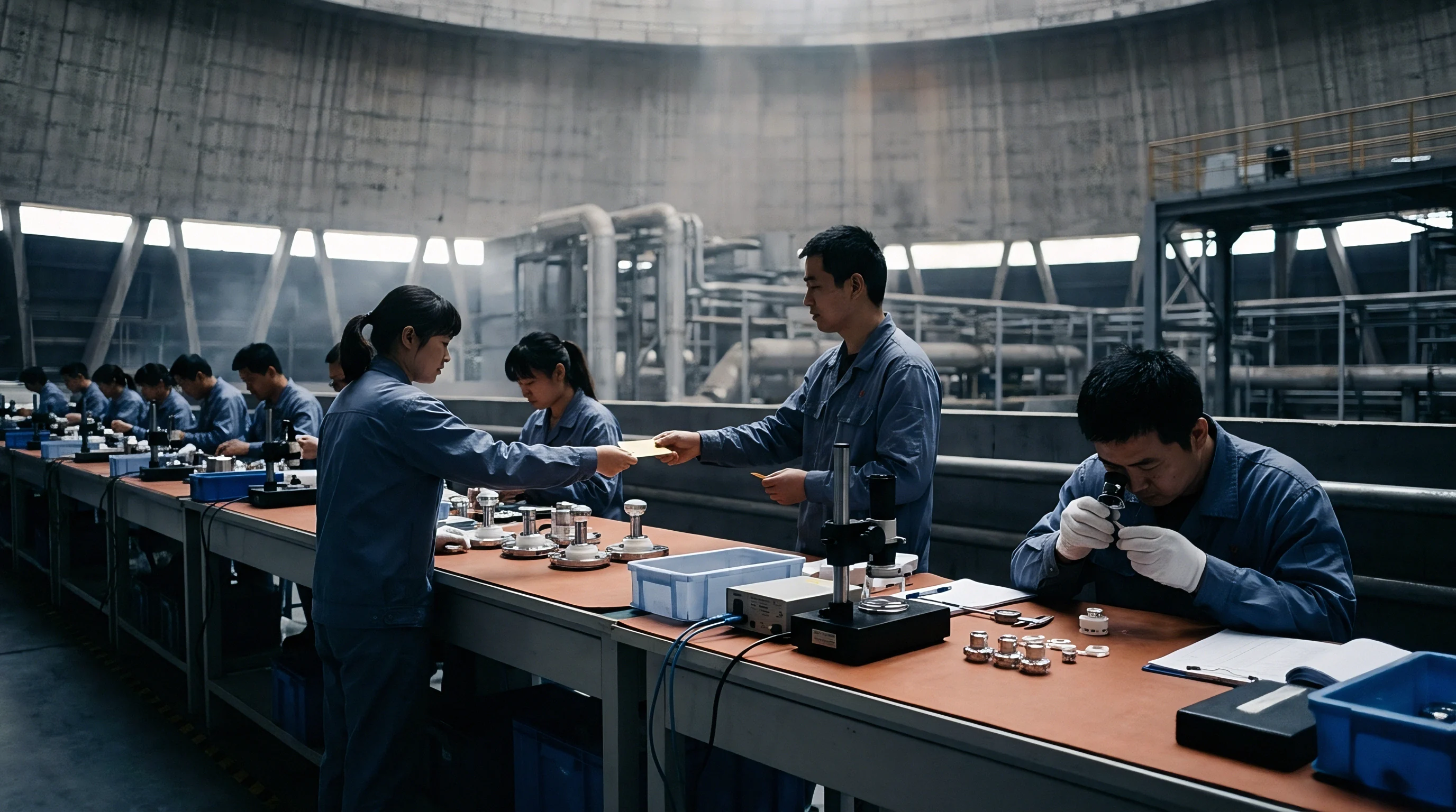 Factory technicians in blue workwear uniforms conduct quality inspection and compliance verification along a long industrial assembly table under a concrete dome.