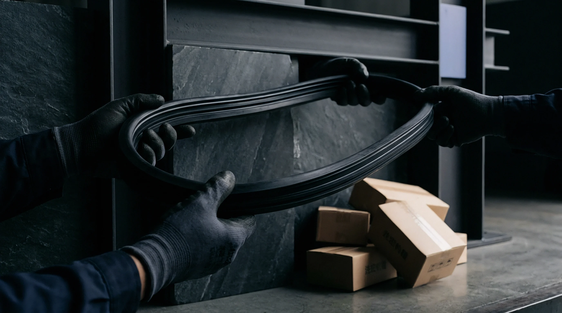 Operators inspect extruded elastomer profile gaskets inside an industrial manufacturing plant during final factory assembly operations.