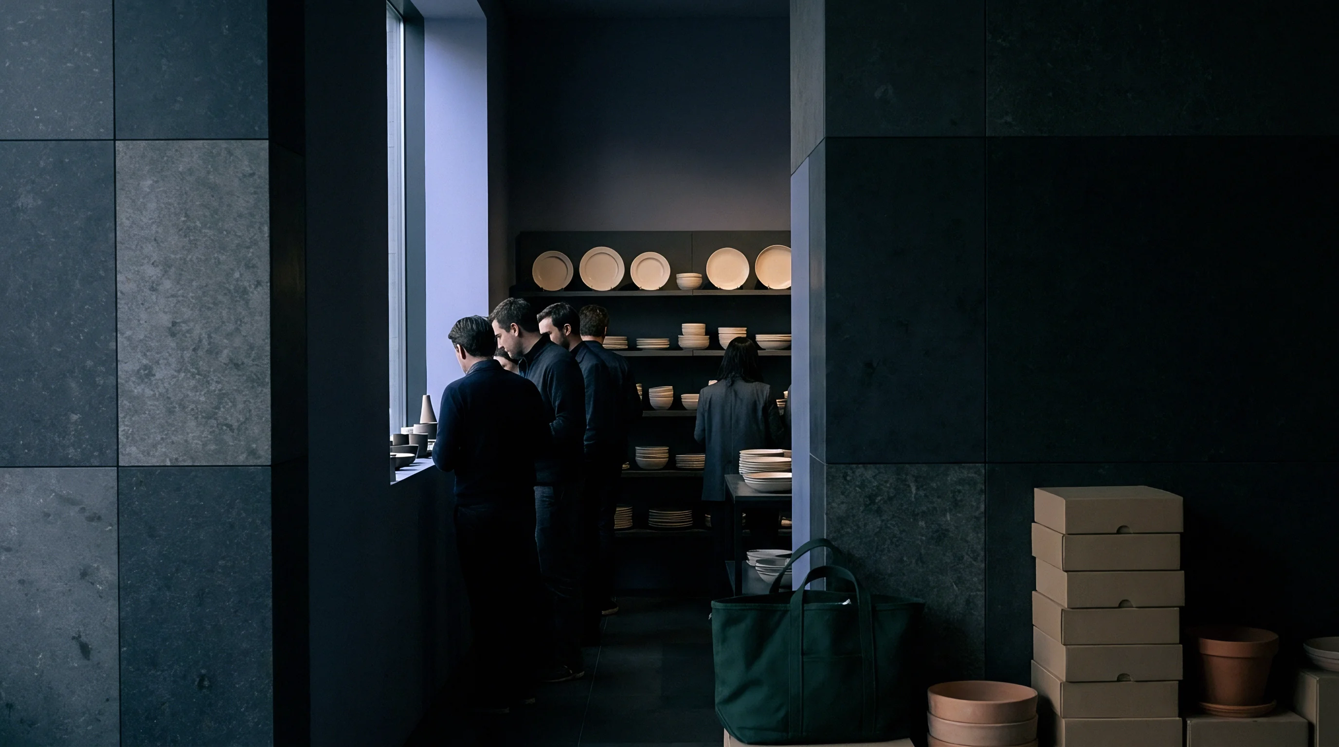 Evaluators inspect finished ceramic tableware displayed on wall shelves inside a supplier showroom next to stacked shipping cartons.