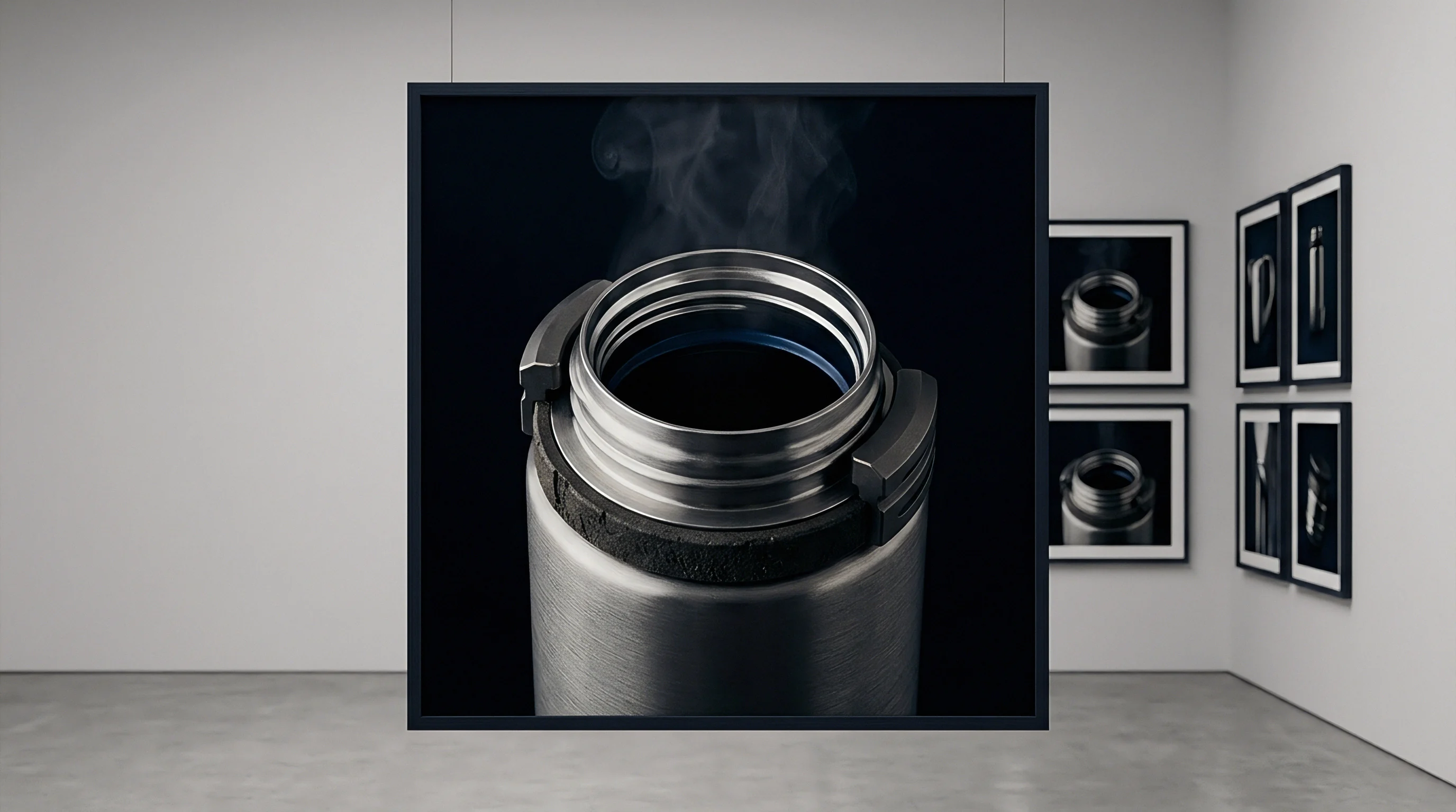 Stainless steel thermal flask prototype stands in a manufacturing showroom display alongside framed production quality photographs.
