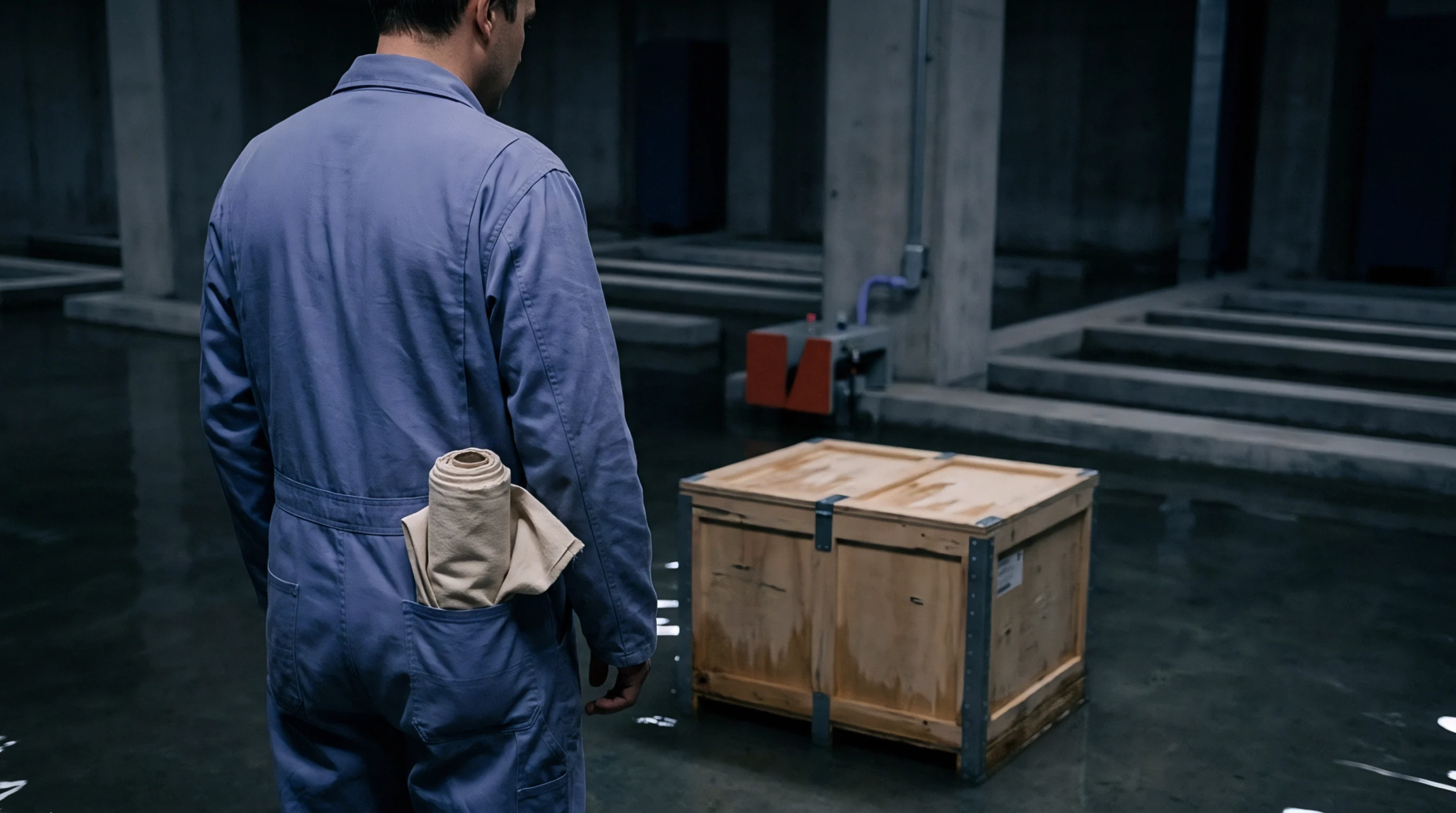 Industrial facility personnel in a blue jumpsuit stand near a banded wooden cargo crate inside a flooded subterranean logistics sector.