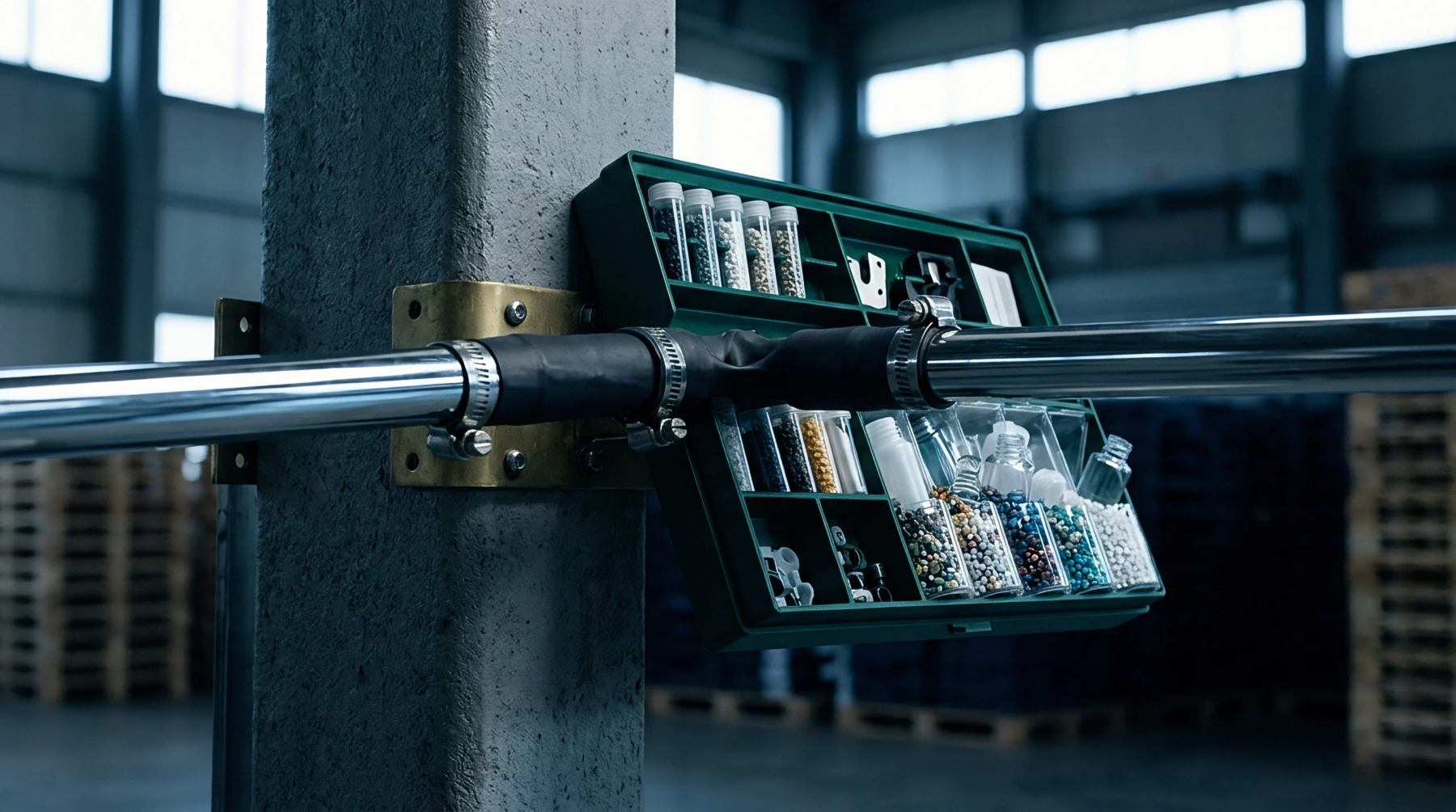A green plastic parts organizer tray and metal pipe assembly are mounted on a concrete structural pillar inside an industrial factory.
