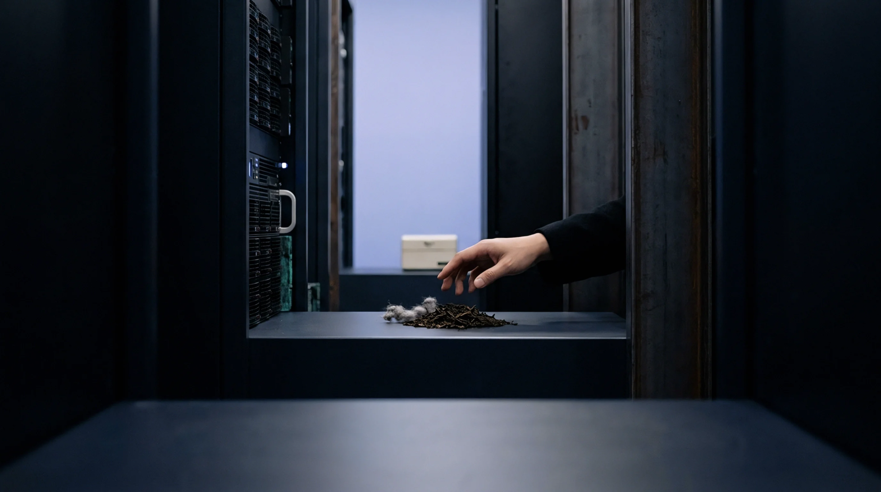An operator examines organic debris and botanical material sampled from a metal surface within a high tech industrial facility corridor.