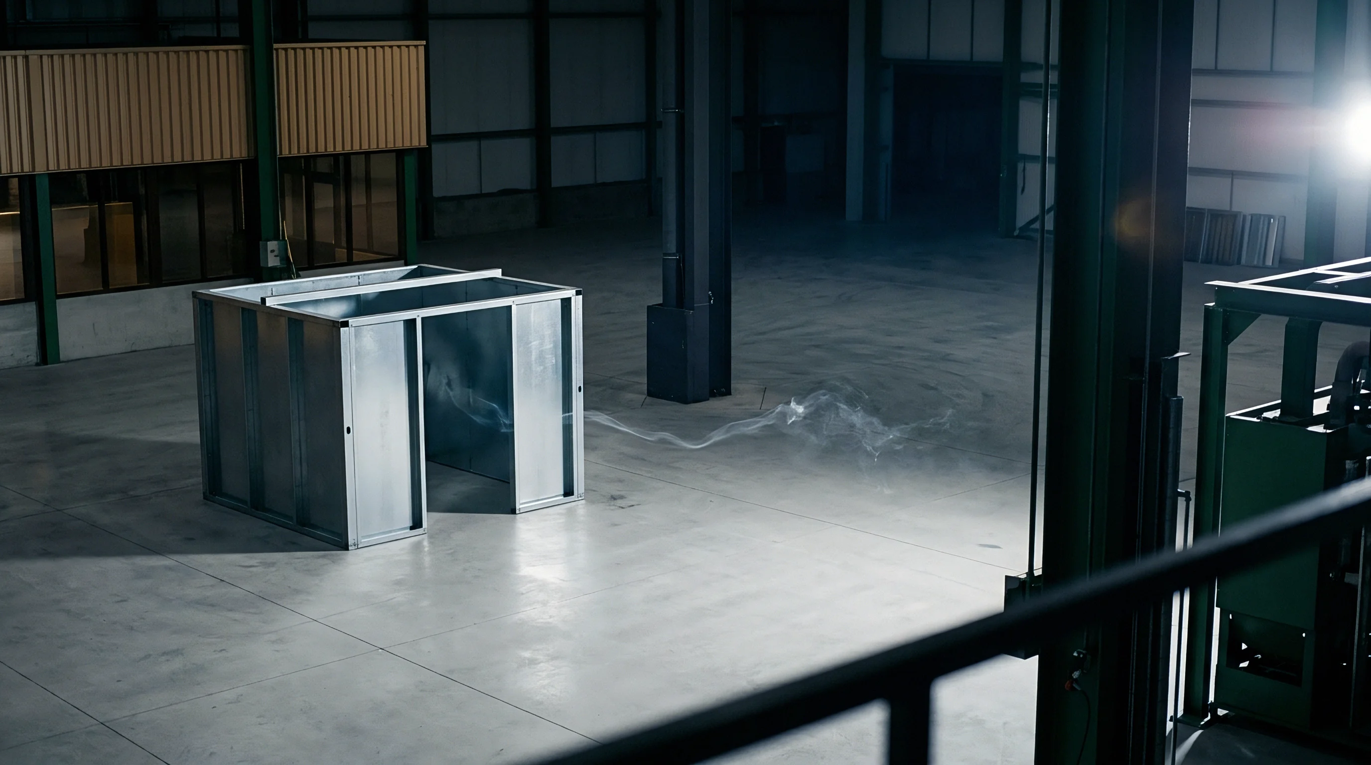 Galvanized steel structural modules undergo airflow testing on the concrete floor of a large manufacturing facility.