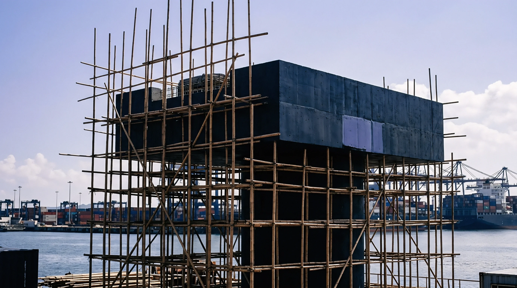 A massive cast concrete pier cap stands elevated above a waterfront terminal within a dense network of structural bamboo scaffolding.