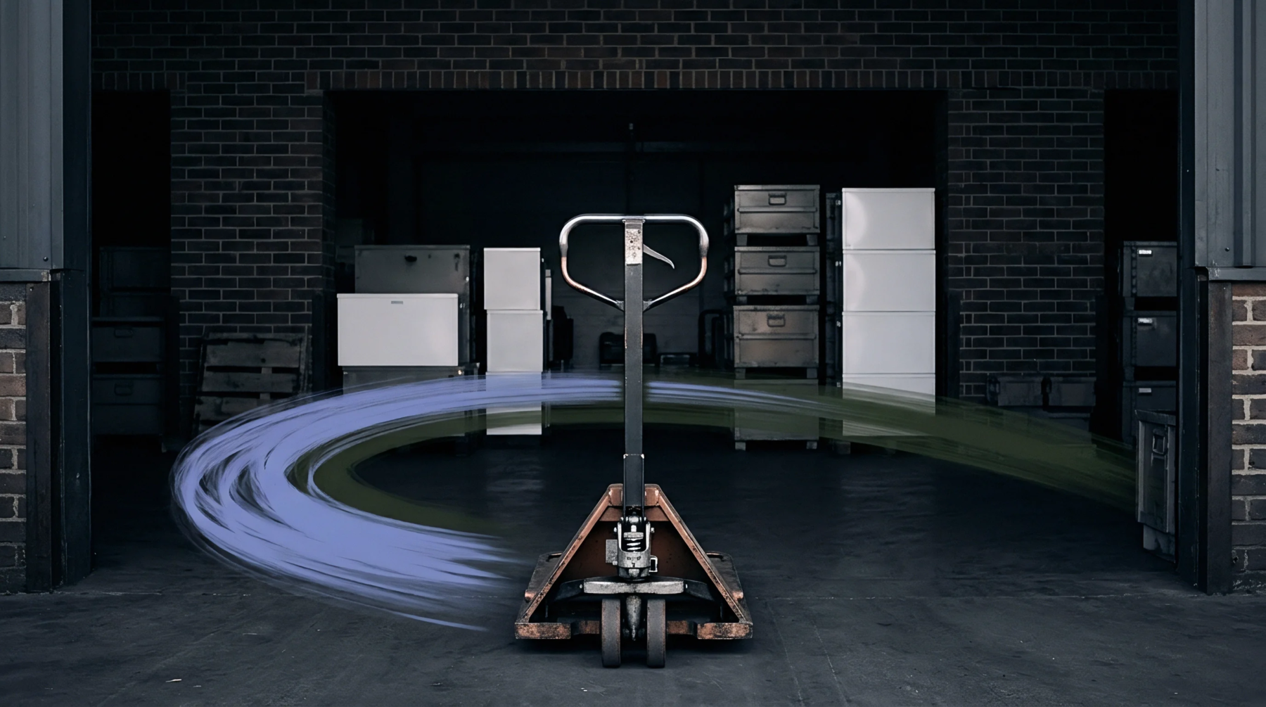 A manual steel pallet truck stands stationary on a concrete floor inside a dark brick warehouse storage facility.