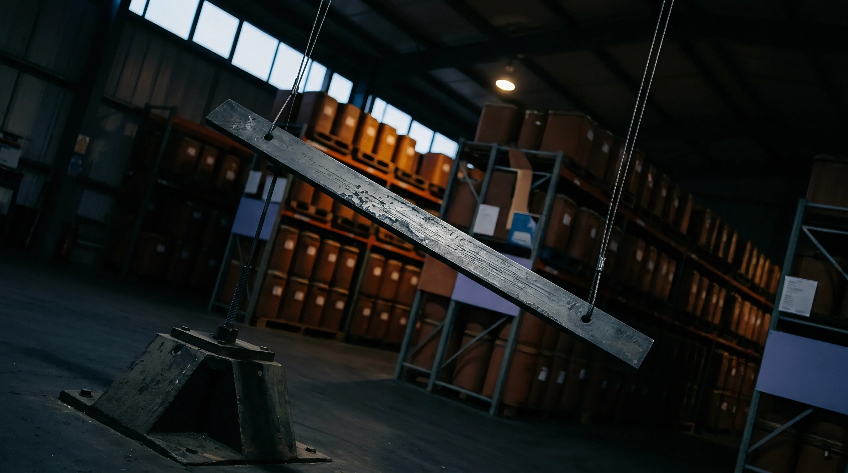 A heavy steel impact testing beam hangs from cables inside a manufacturing quality assurance facility featuring vertical storage racks.