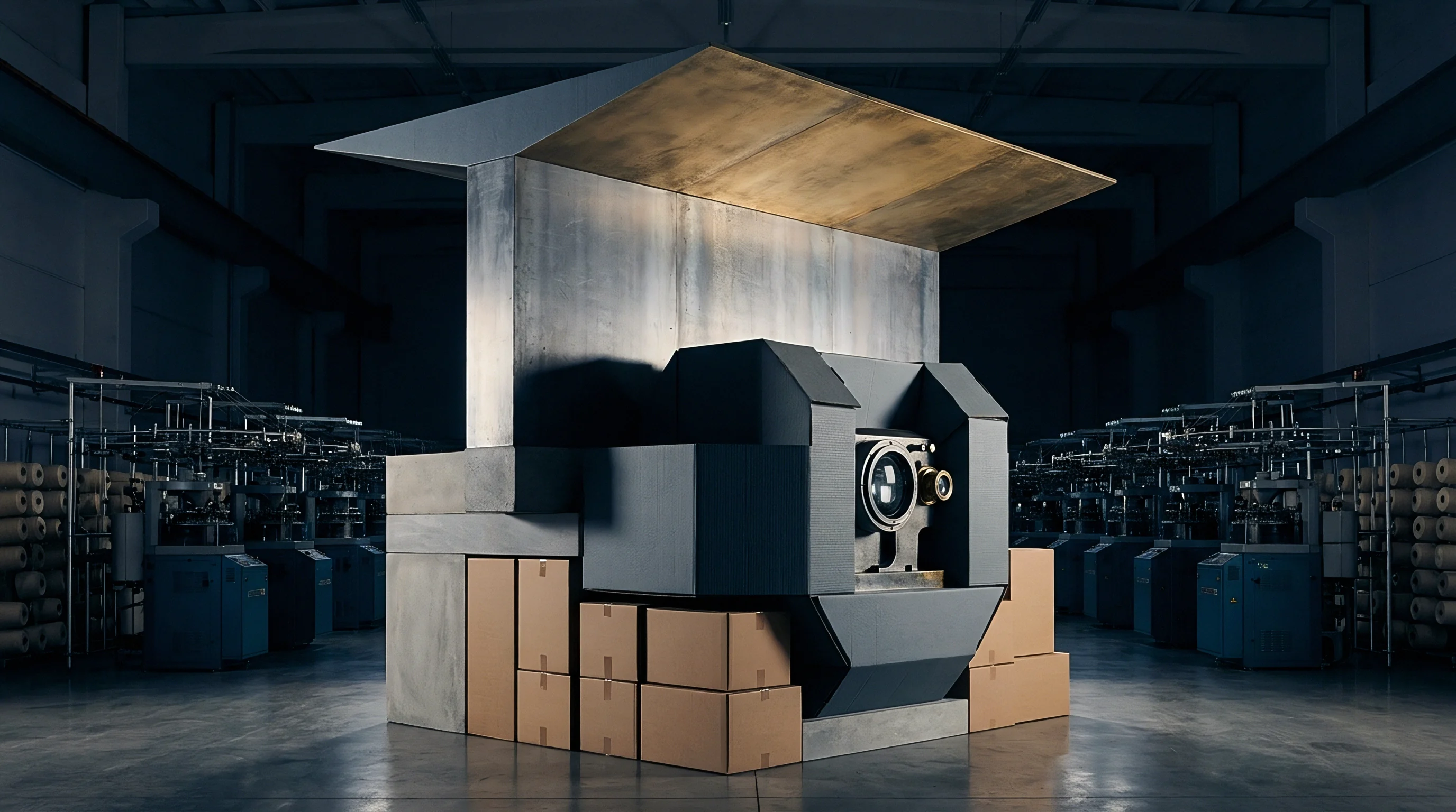 Heavy machinery components encased in cardboard boxes and concrete blocks stand beneath a large metal canopy inside a textile factory.