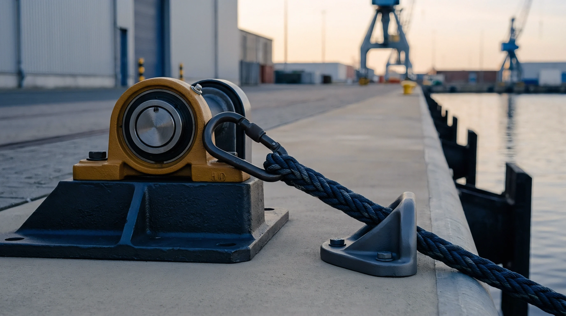 Heavy steel and cast iron mechanical dock hardware with braided synthetic mooring lines secures vessels at a busy container port terminal.