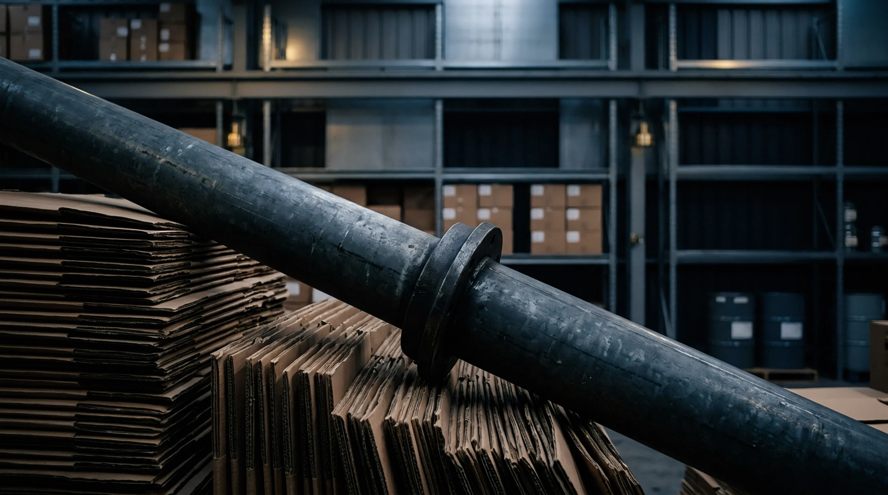 A heavy steel pipe with a welded flange rests diagonally across stacked corrugated cardboard blanks inside a metal storage warehouse.
