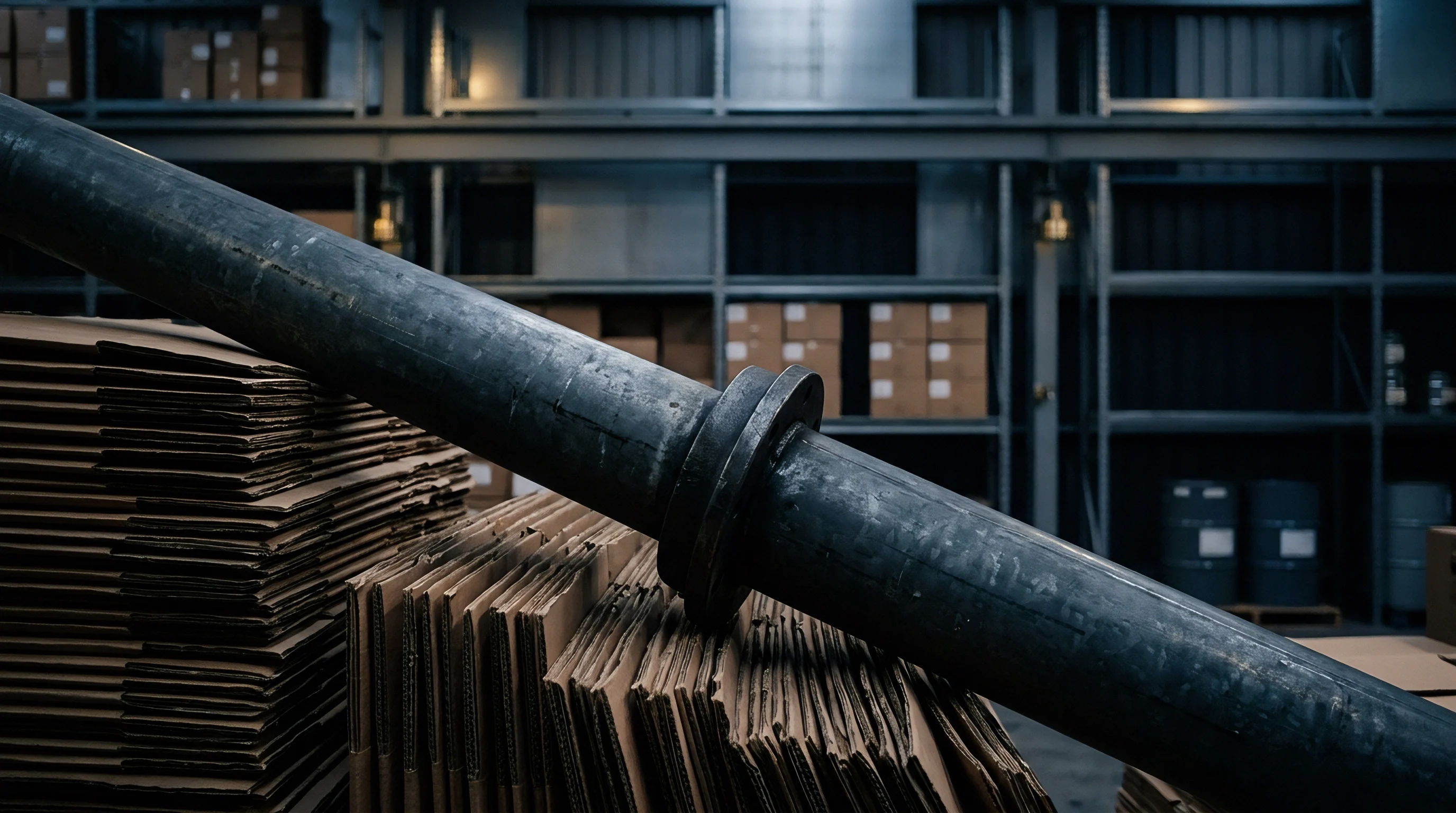 A heavy steel pipe with a welded flange rests diagonally across stacked corrugated cardboard blanks inside a metal storage warehouse.