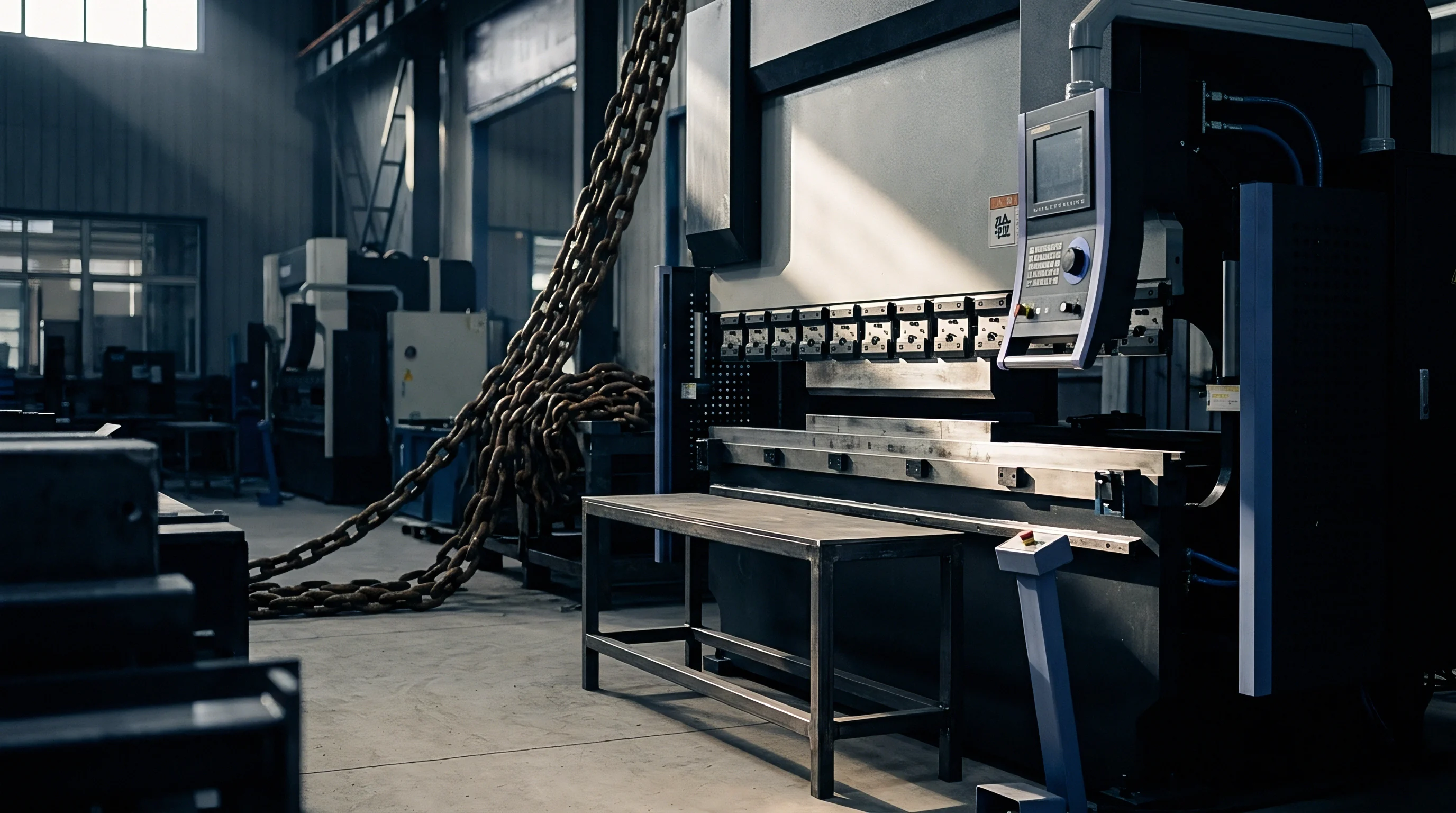 Heavy hydraulic press brakes and steel workbenches occupy the factory floor alongside stacked industrial rigging chains.