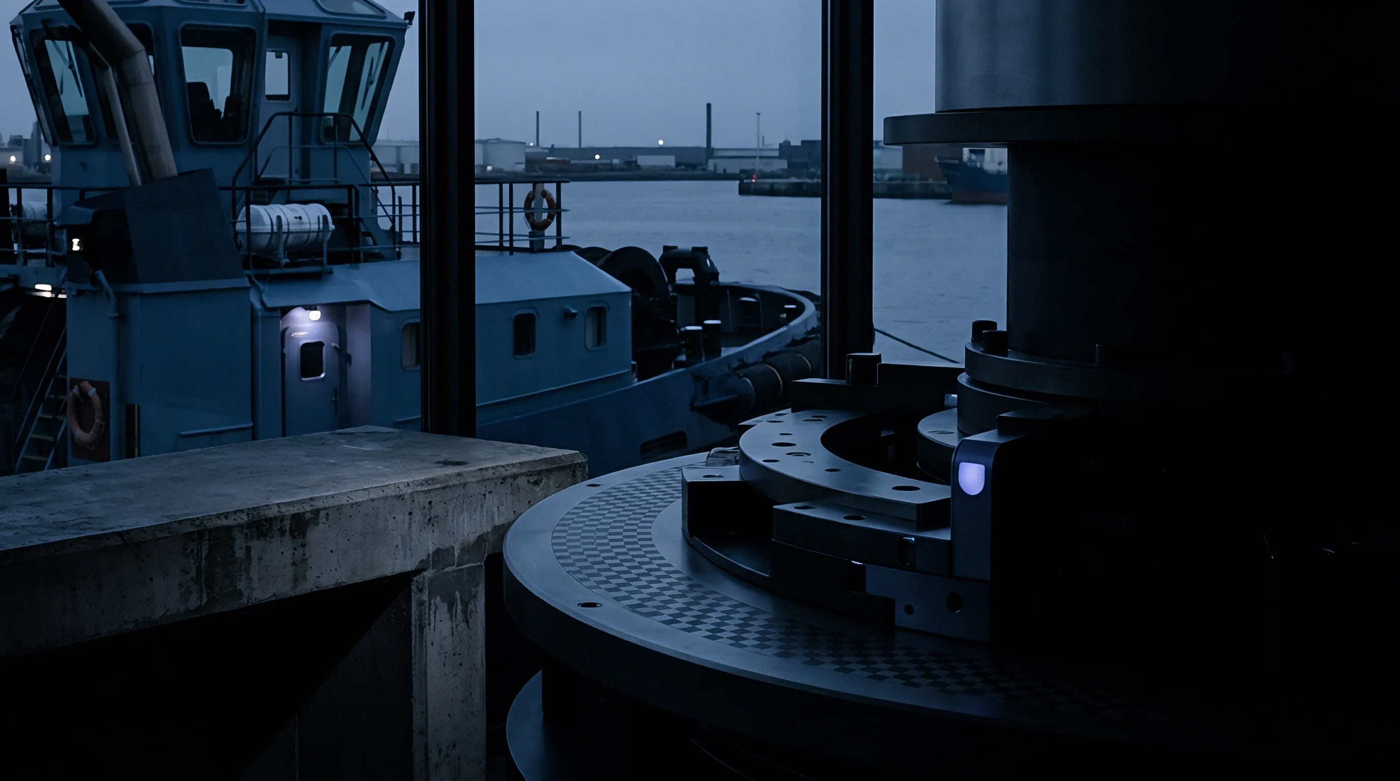Heavy steel industrial machinery components sit inside a dockside facility overlooking a moored tugboat in twilight.