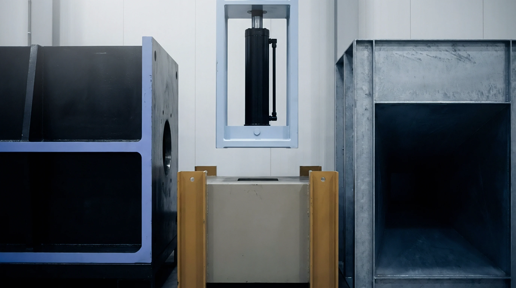 Heavy steel fabrication components and a vertical hydraulic press stand aligned inside a modern manufacturing facility workshop.