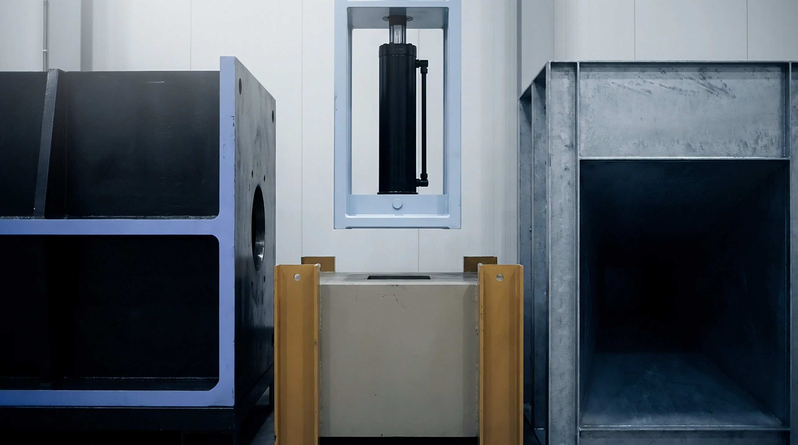 Heavy steel fabrication components and a vertical hydraulic press stand aligned inside a modern manufacturing facility workshop.