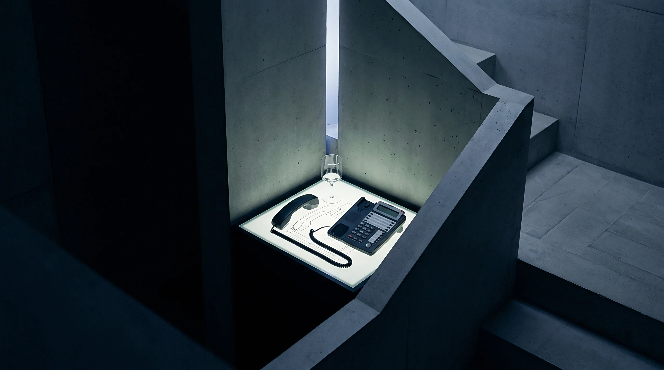 An analog office telephone with its handset removed lies beside a wine glass on an illuminated square pedestal inside a concrete staircase.