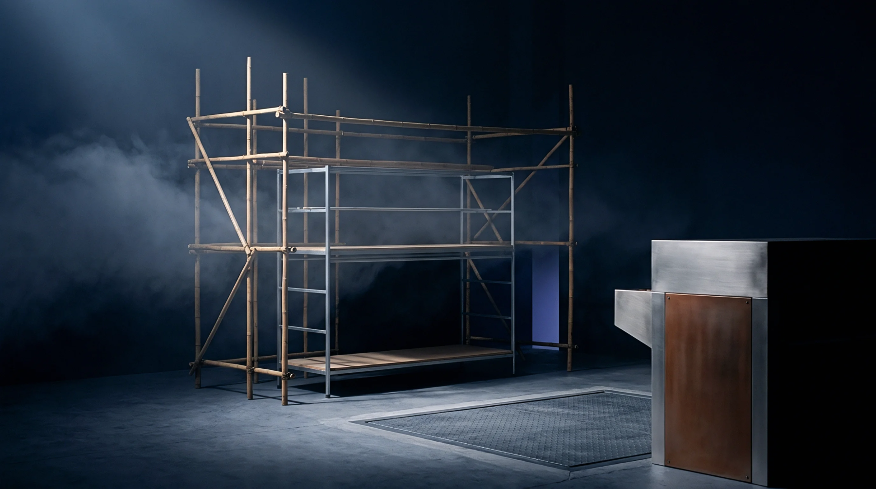 Bamboo scaffolding structures stand next to metal storage racks and a heavy control unit within a fog filled production environment.