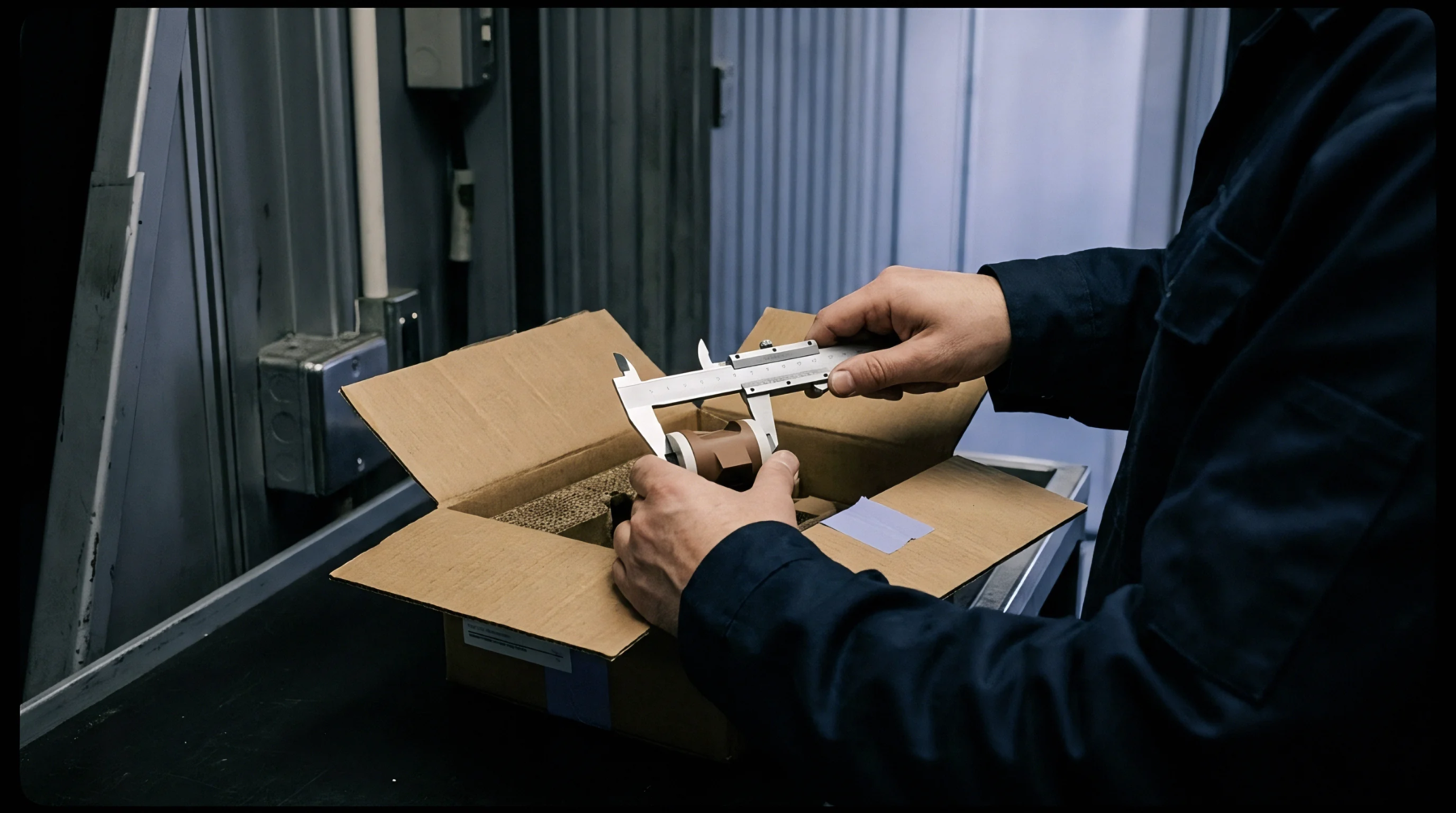 An industrial worker uses a vernier caliper to measure dimensions of a metal component inside a cardboard shipping box lined with honeycomb padding.
