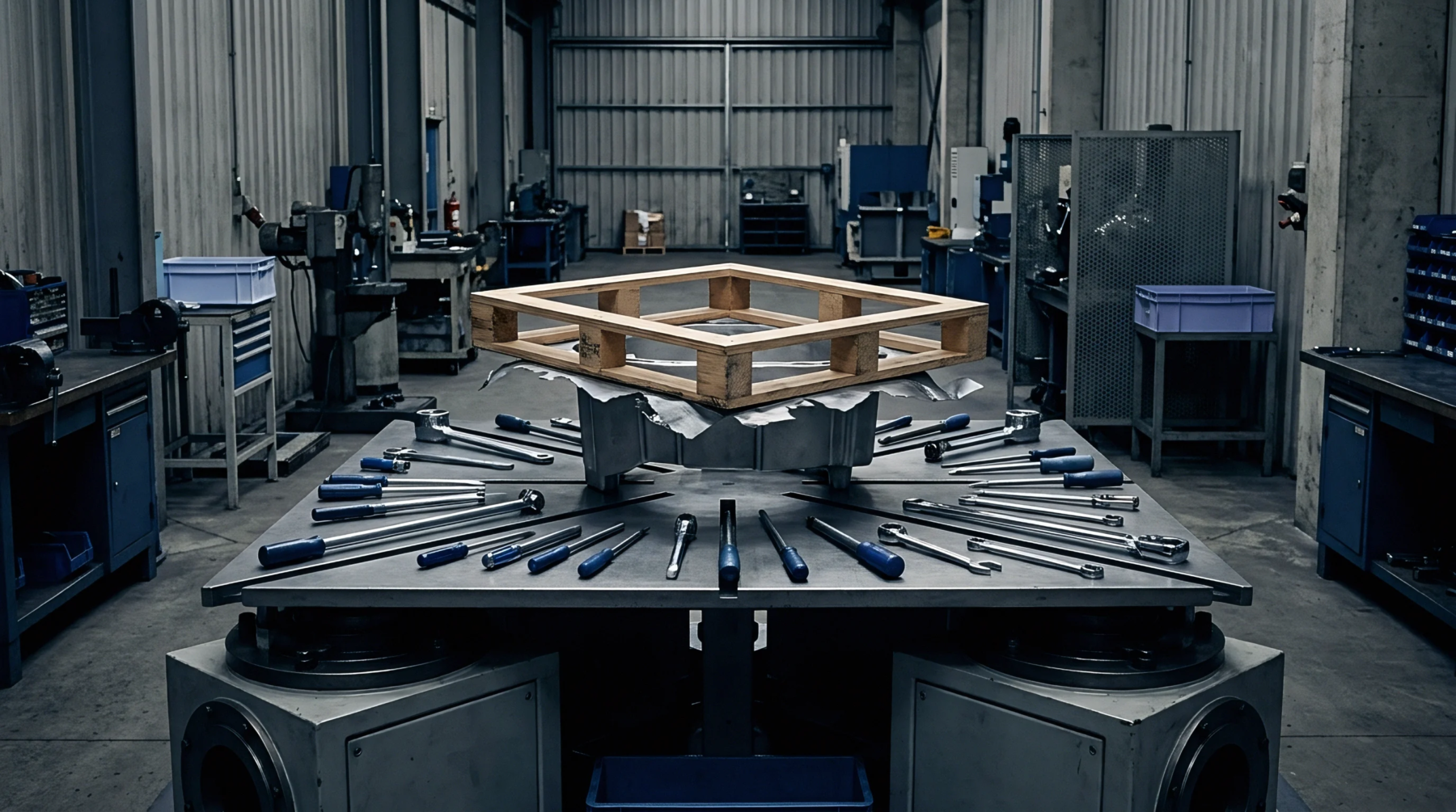 Metal fabrication tooling and a wooden pallet rest on a heavy steel workbench inside an industrial manufacturing plant.