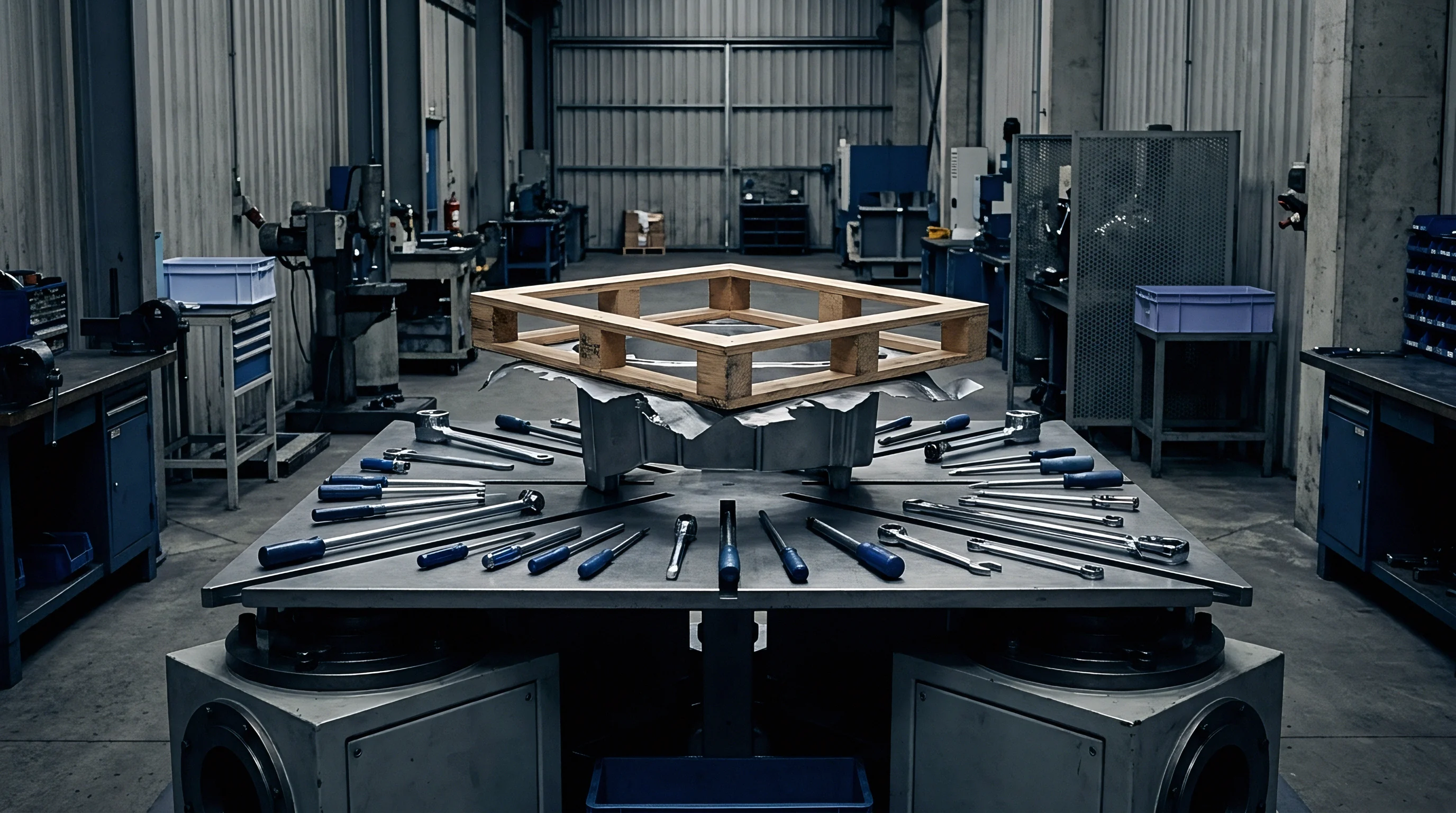 Metal fabrication tooling and a wooden pallet rest on a heavy steel workbench inside an industrial manufacturing plant.