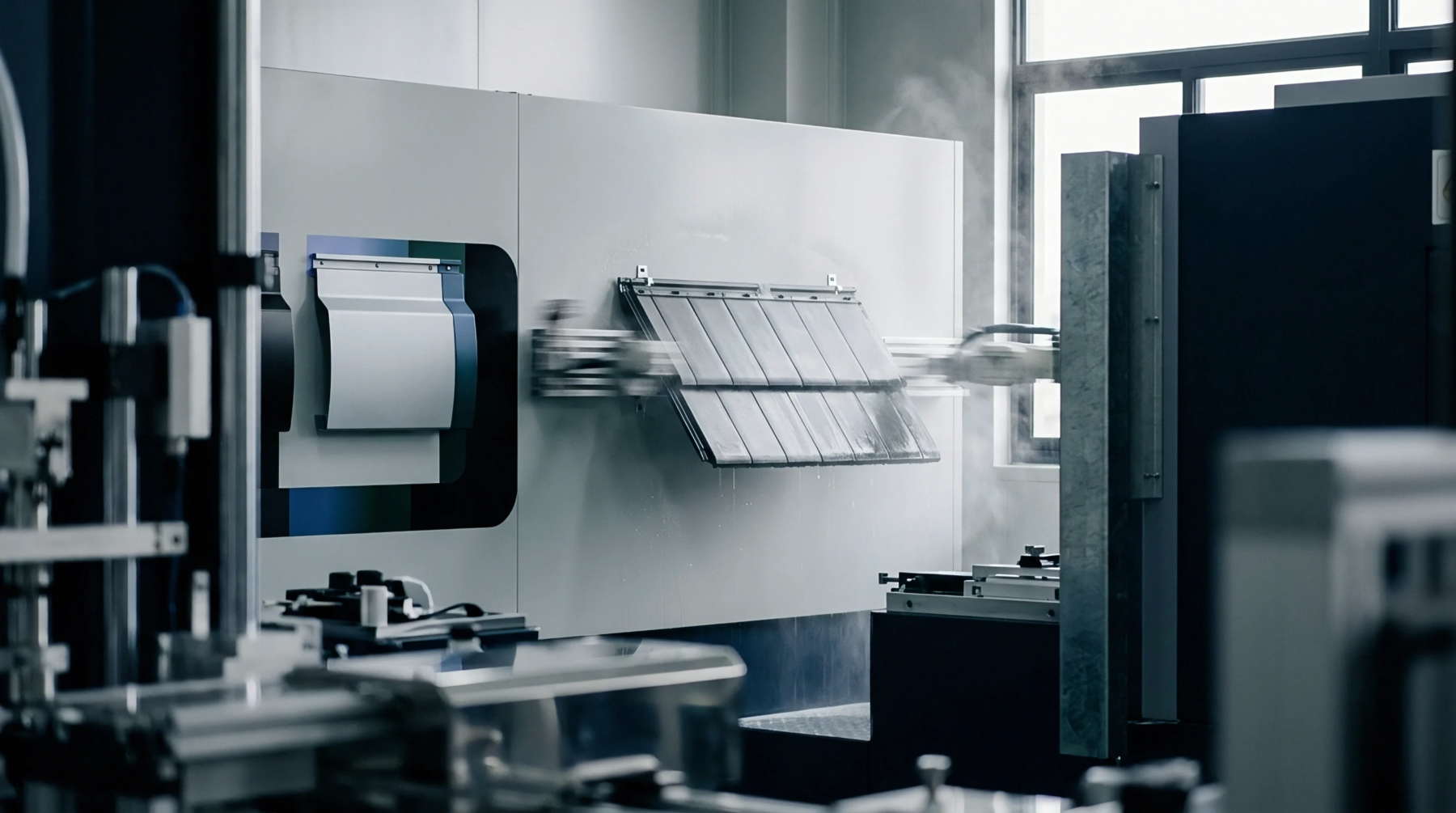 An automated mechanical arm transports molded tiles on a factory production line during a steam emitting manufacturing process.