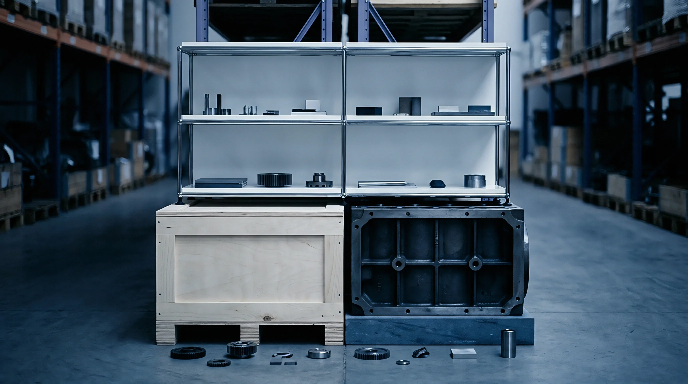 Precision machined metal components rest on industrial shelving and warehouse concrete floors near wooden crates and heavy machinery bases.