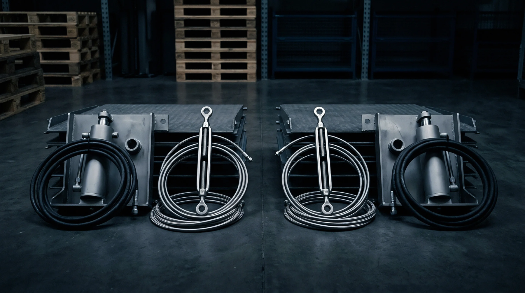 Two identical sets of steel hydraulic cylinders, braided hoses, turnbuckles, and stacked grating rest on a dark concrete warehouse floor.