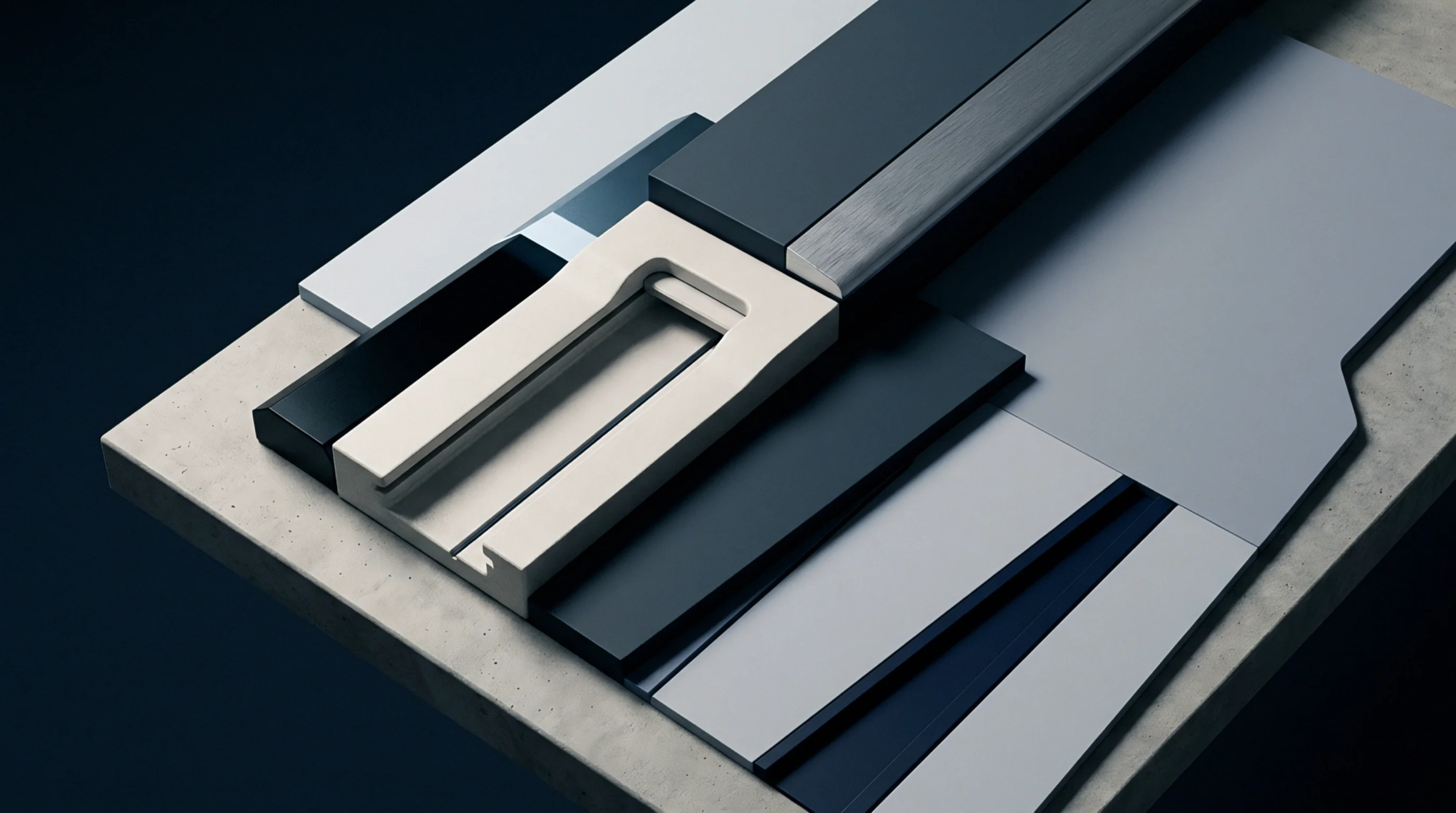 A digital render shows modular plastic and metal component prototypes arranged with material samples on a concrete factory workstation.