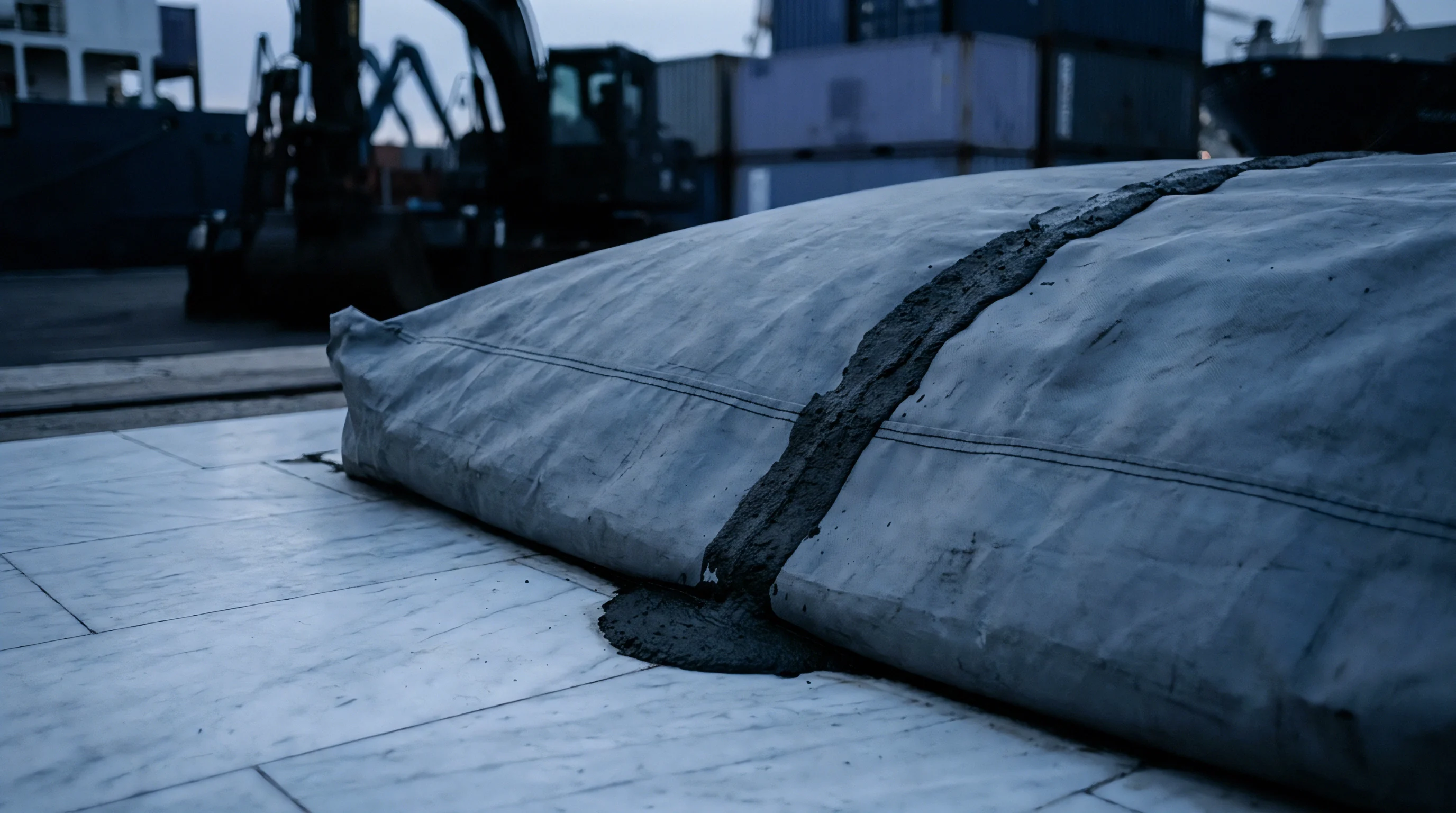 A thick synthetic containment bag breaches on a paved industrial port dock, leaking dark sediment slurry across the stone surface.