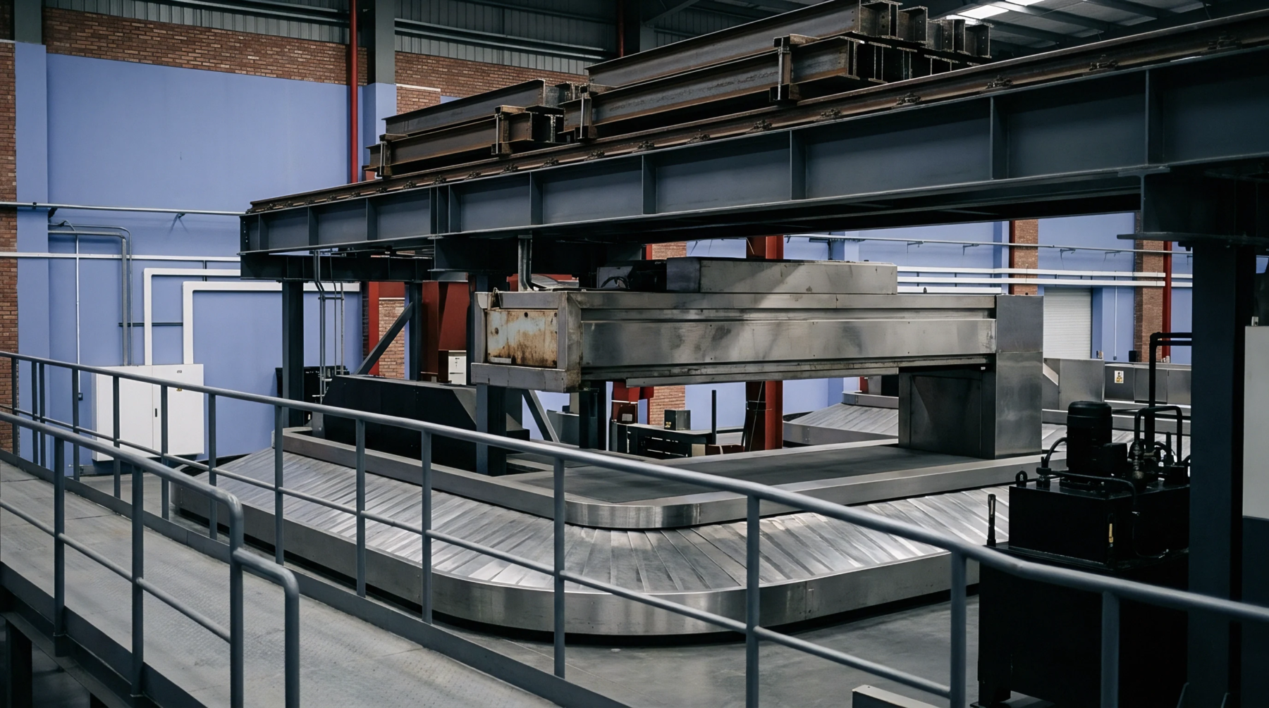 Heavy steel conveyor belts and overhead gantry structures occupy a spacious industrial manufacturing facility with brick and blue walls.