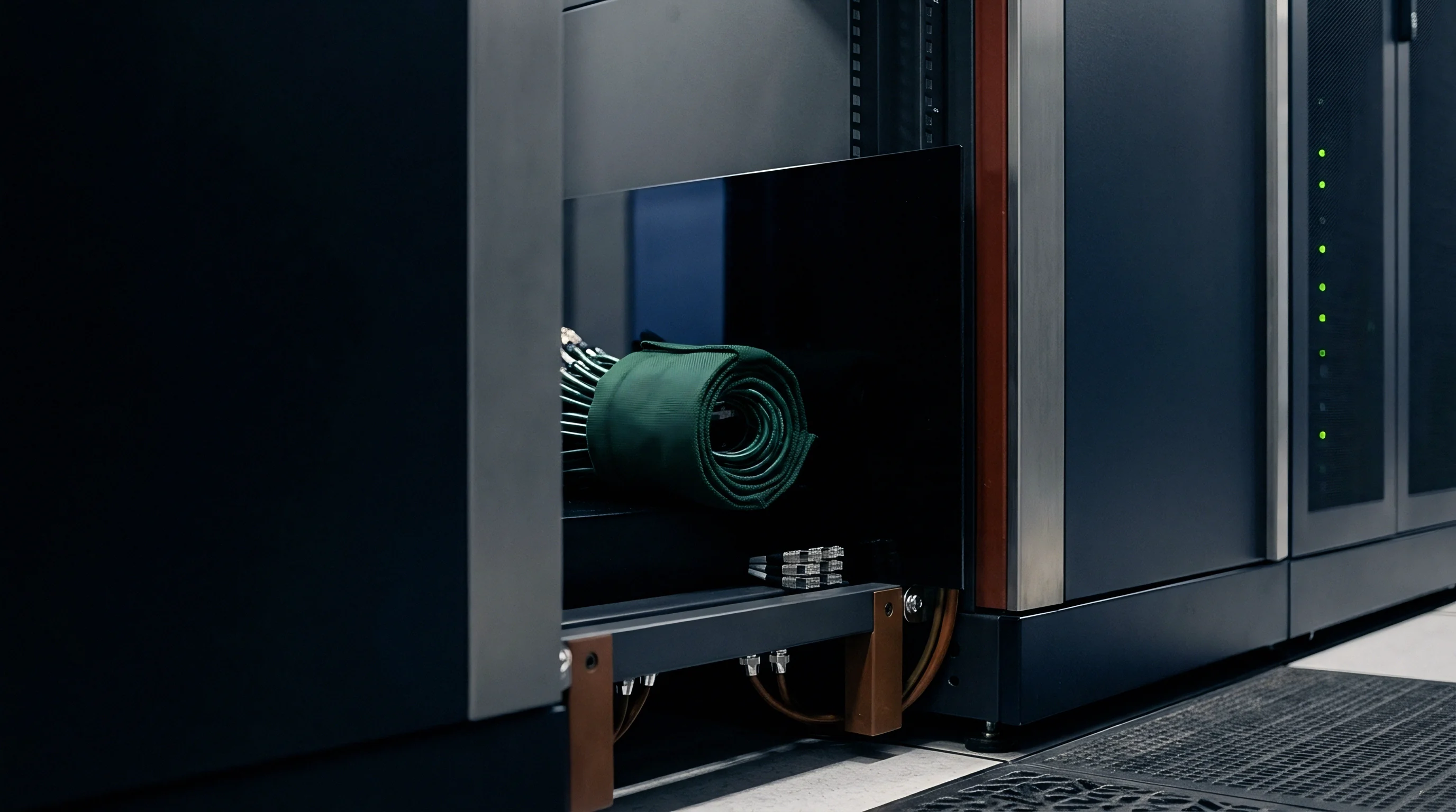 A green textile roll rests inside an industrial metal rack flanked by dark blue server cabinets within a factory.