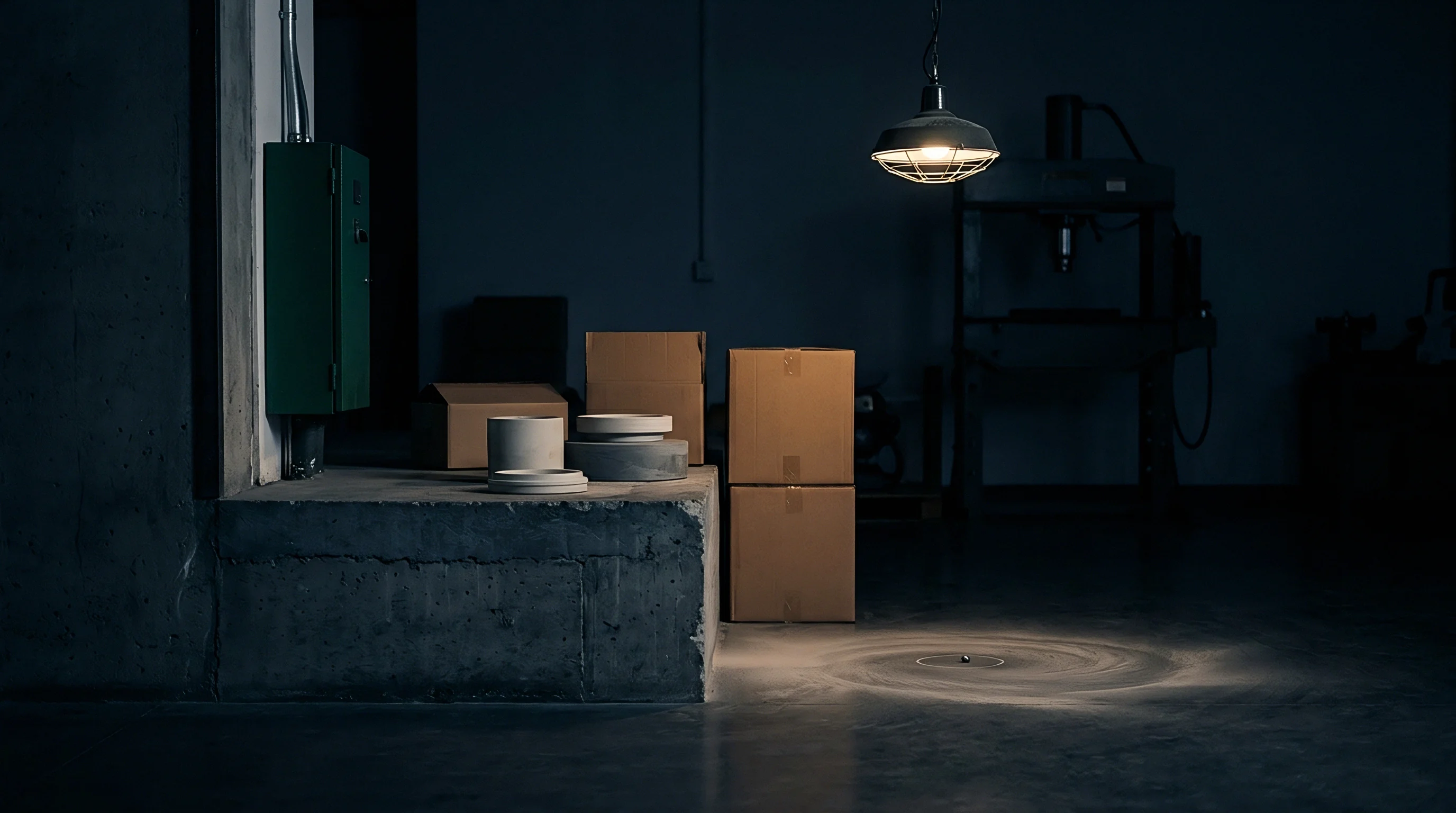 Cardboard boxes and cylindrical concrete components rest on a raised concrete platform inside a dimly lit industrial warehouse facility.