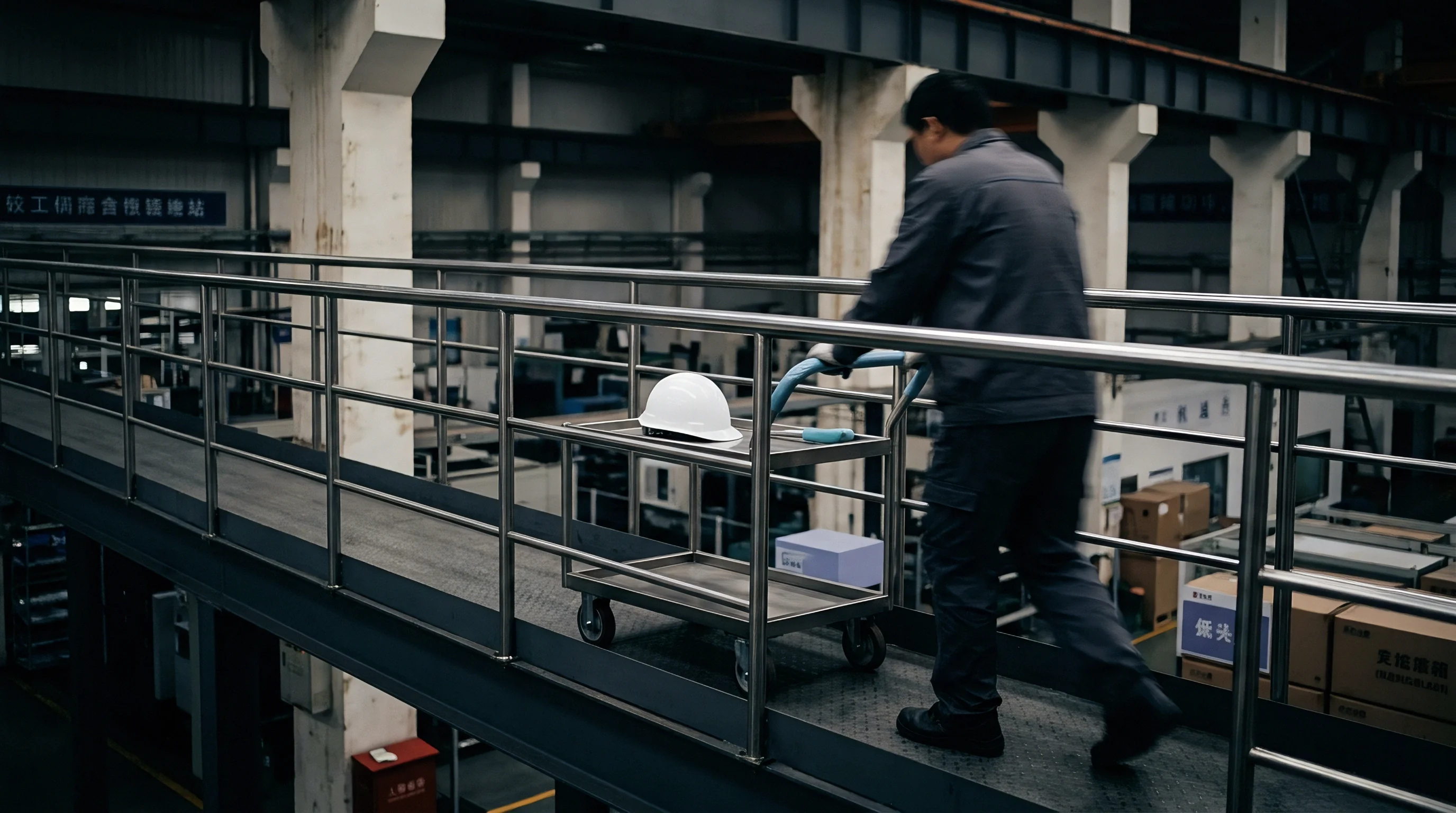 An industrial worker pushes a stainless steel utility cart carrying a safety helmet along an elevated metal walkway in a manufacturing facility.